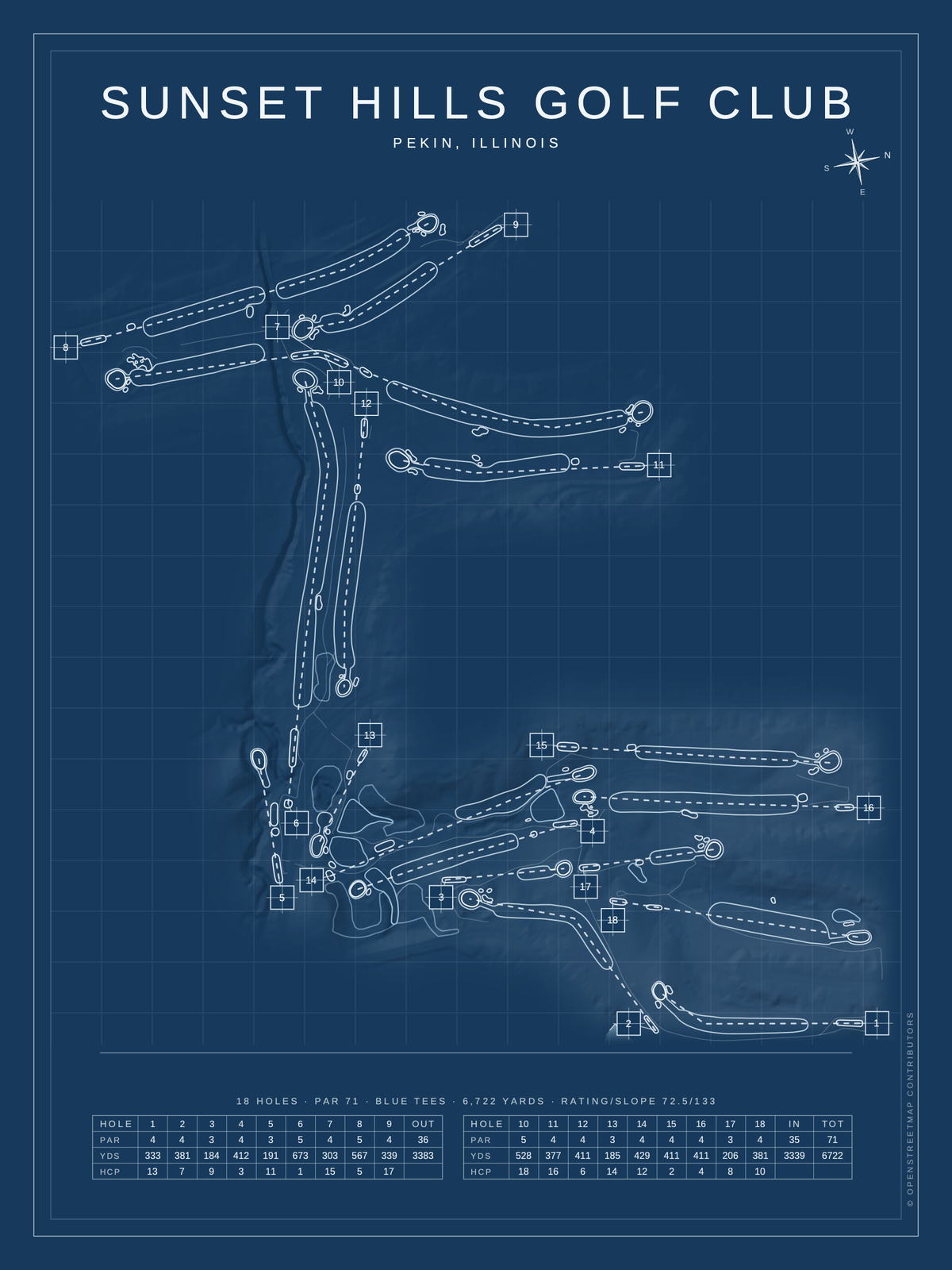 Sunset Hills Golf Club course map poster, Blueprint style, 12×16 / 18×24