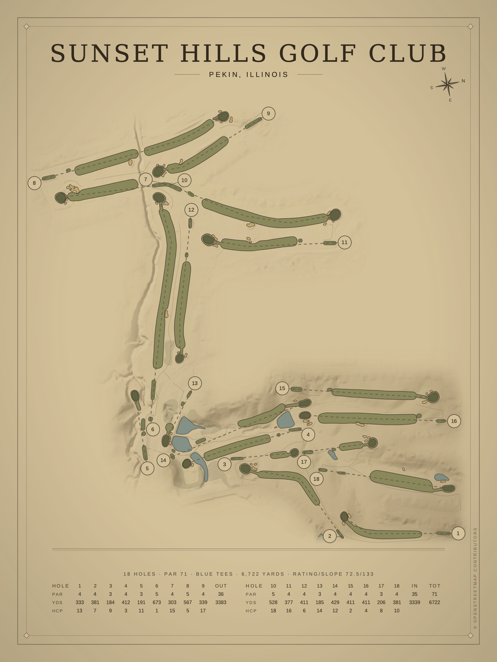 Sunset Hills Golf Club course map poster, Vintage style, 12×16 / 18×24