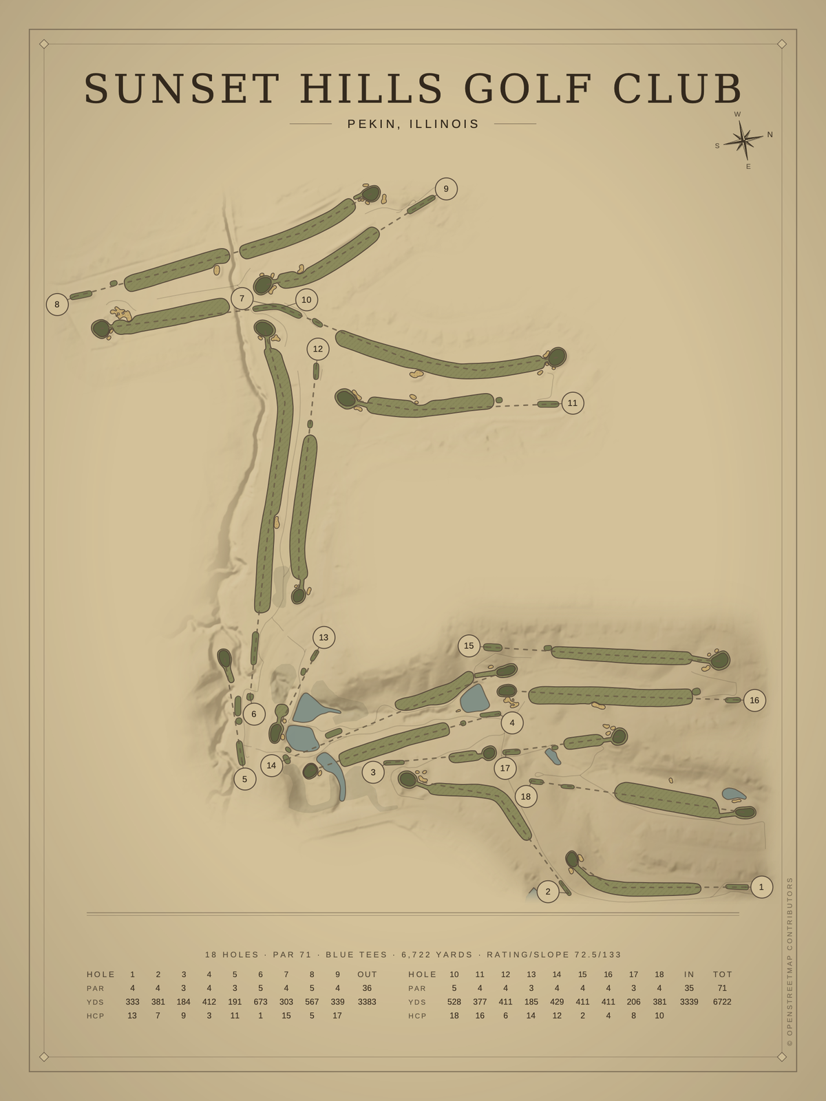 Sunset Hills Golf Club course map poster, Vintage style, 12×16 / 18×24