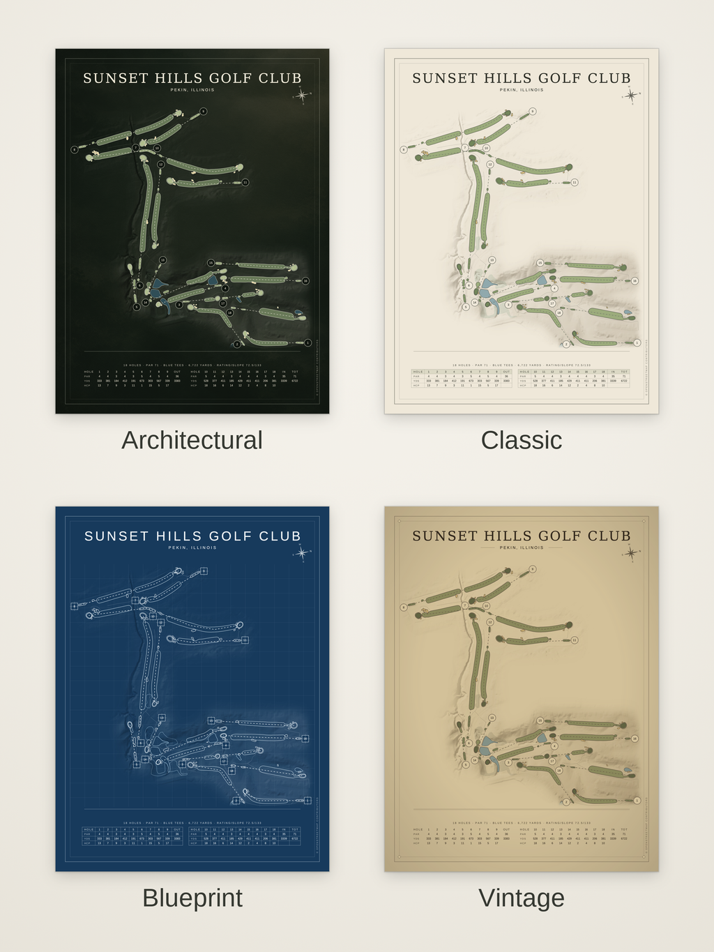 Sunset Hills Golf Club course map poster in four styles: Architectural, Classic, Blueprint and Vintage