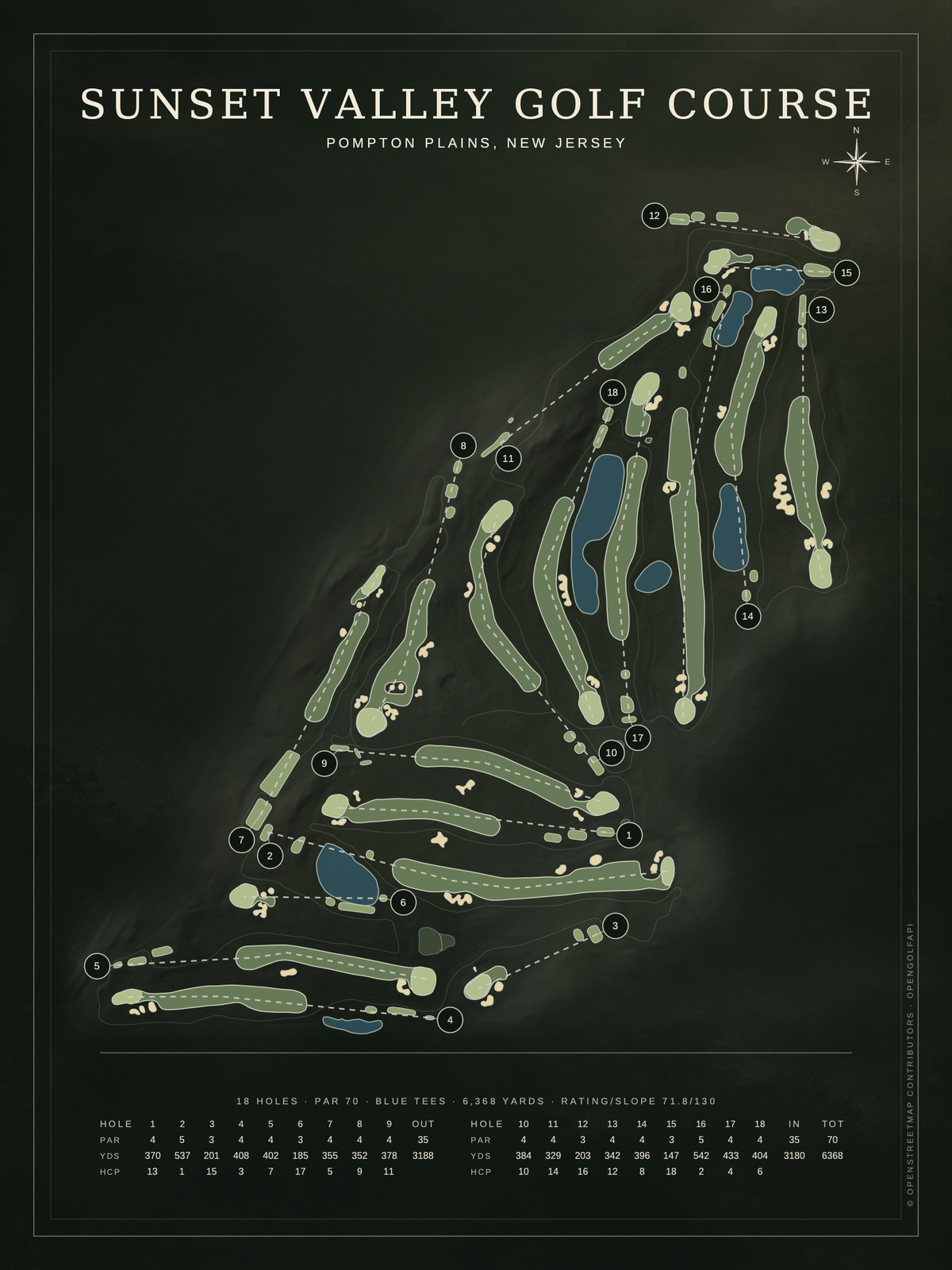Sunset Valley Golf Course map poster, Architectural style, 12×16 / 18×24