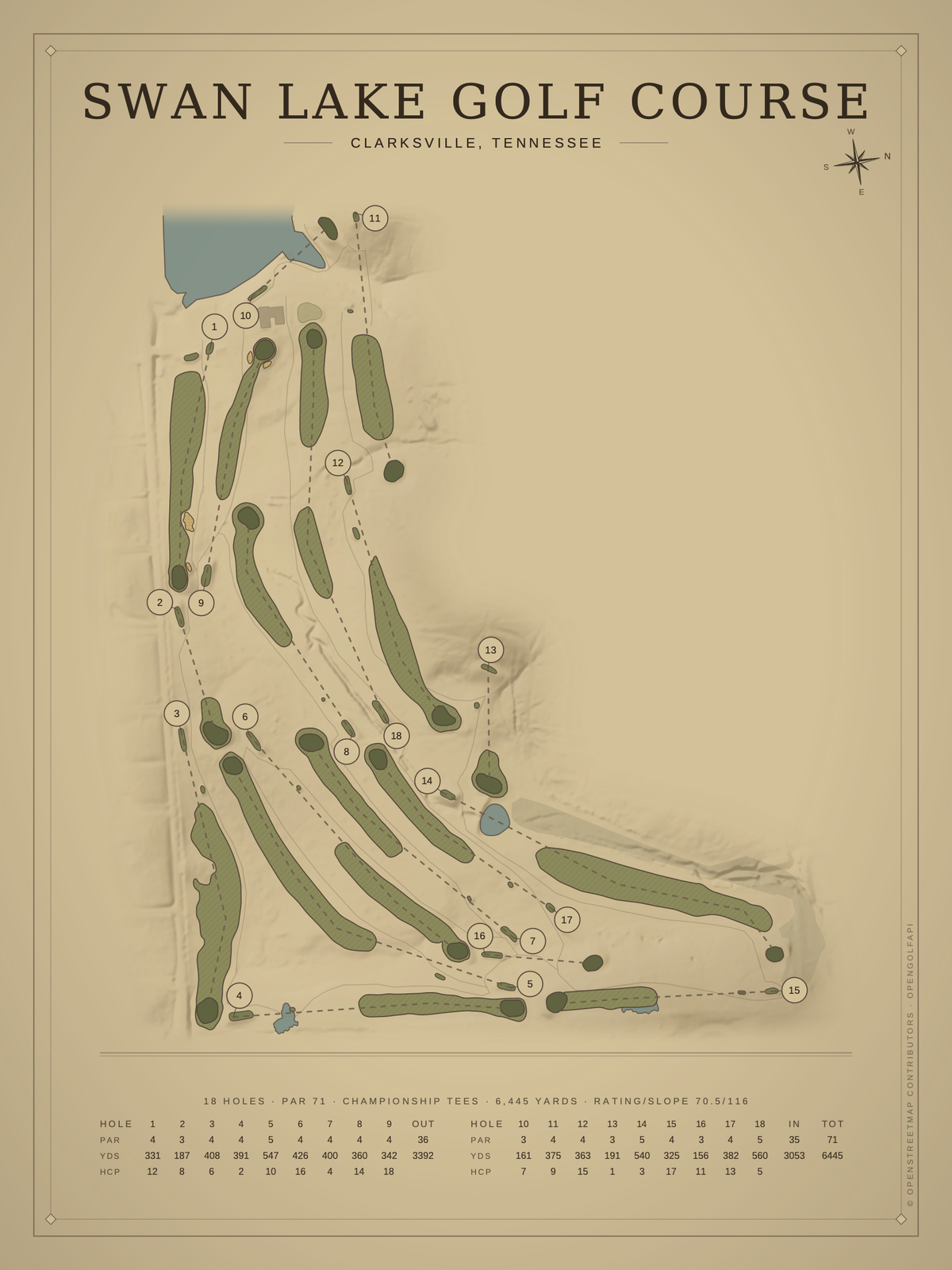 Swan Lake Golf Course map poster, Vintage style, 12×16 / 18×24