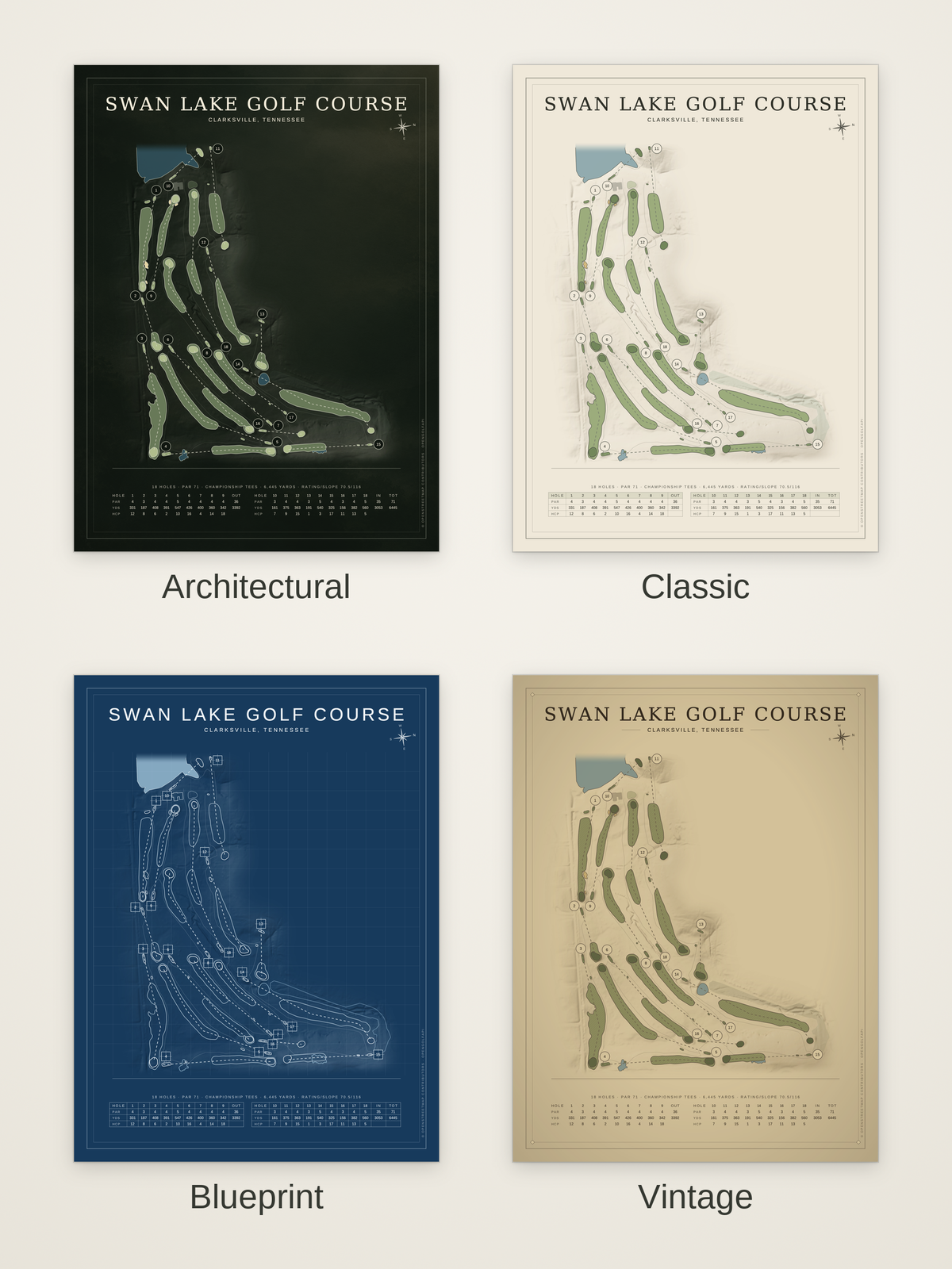 Swan Lake Golf Course map poster in four styles: Architectural, Classic, Blueprint and Vintage