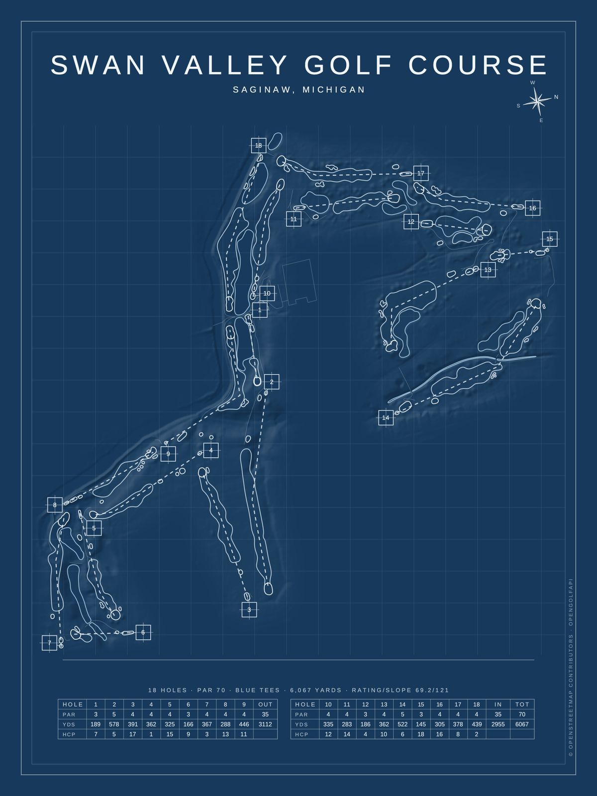 Swan Valley Golf Course map poster, Blueprint style, 12×16 / 18×24
