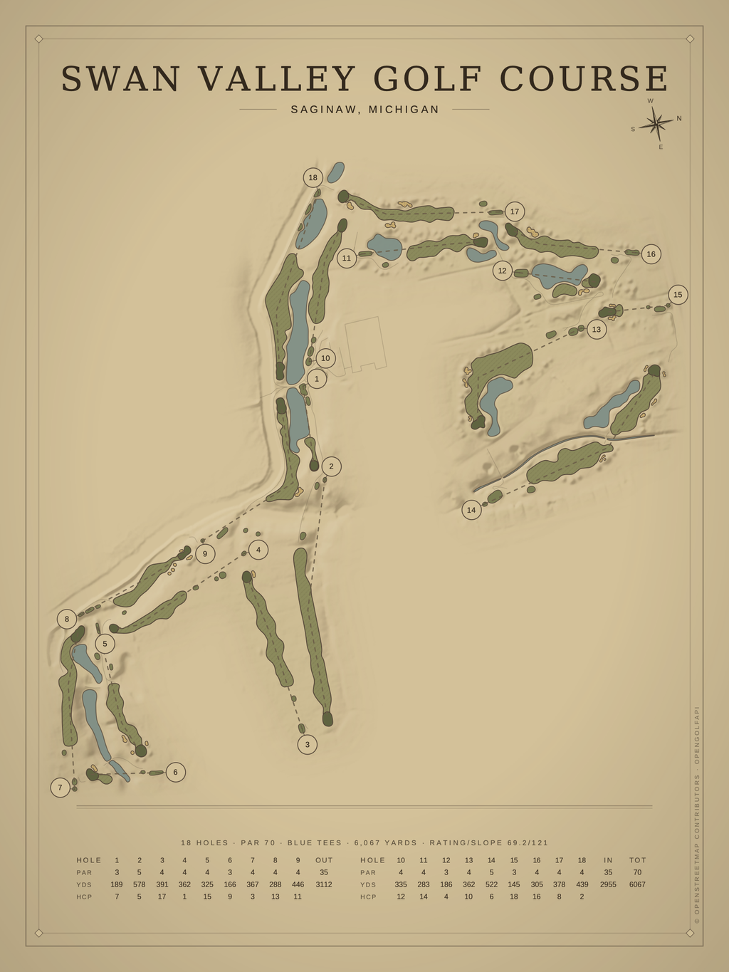 Swan Valley Golf Course map poster, Vintage style, 12×16 / 18×24