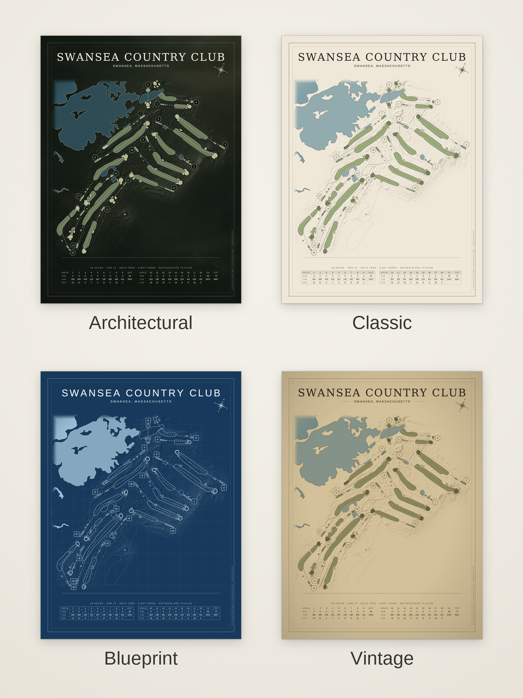Swansea Country Club course map poster in four styles: Architectural, Classic, Blueprint and Vintage