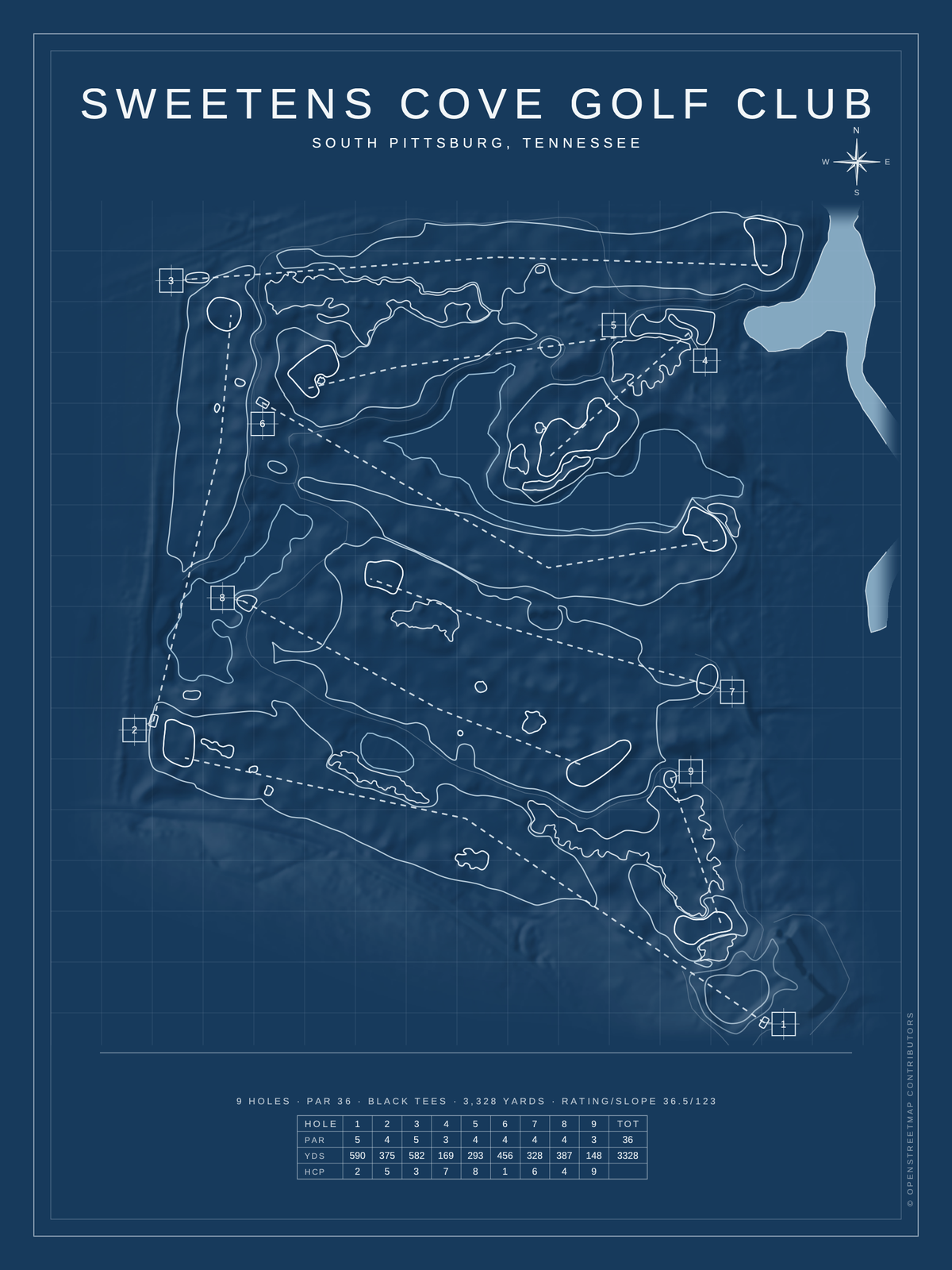 Sweetens Cove Golf Club course map poster, Blueprint style, 12×16 / 18×24