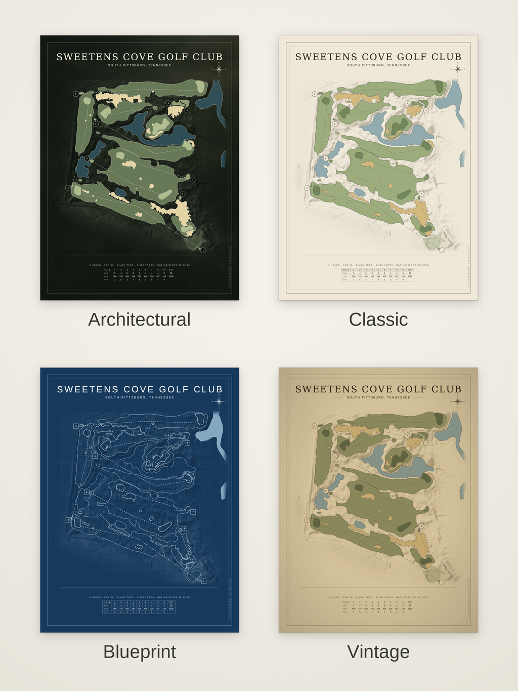 Sweetens Cove Golf Club course map poster in four styles: Architectural, Classic, Blueprint and Vintage