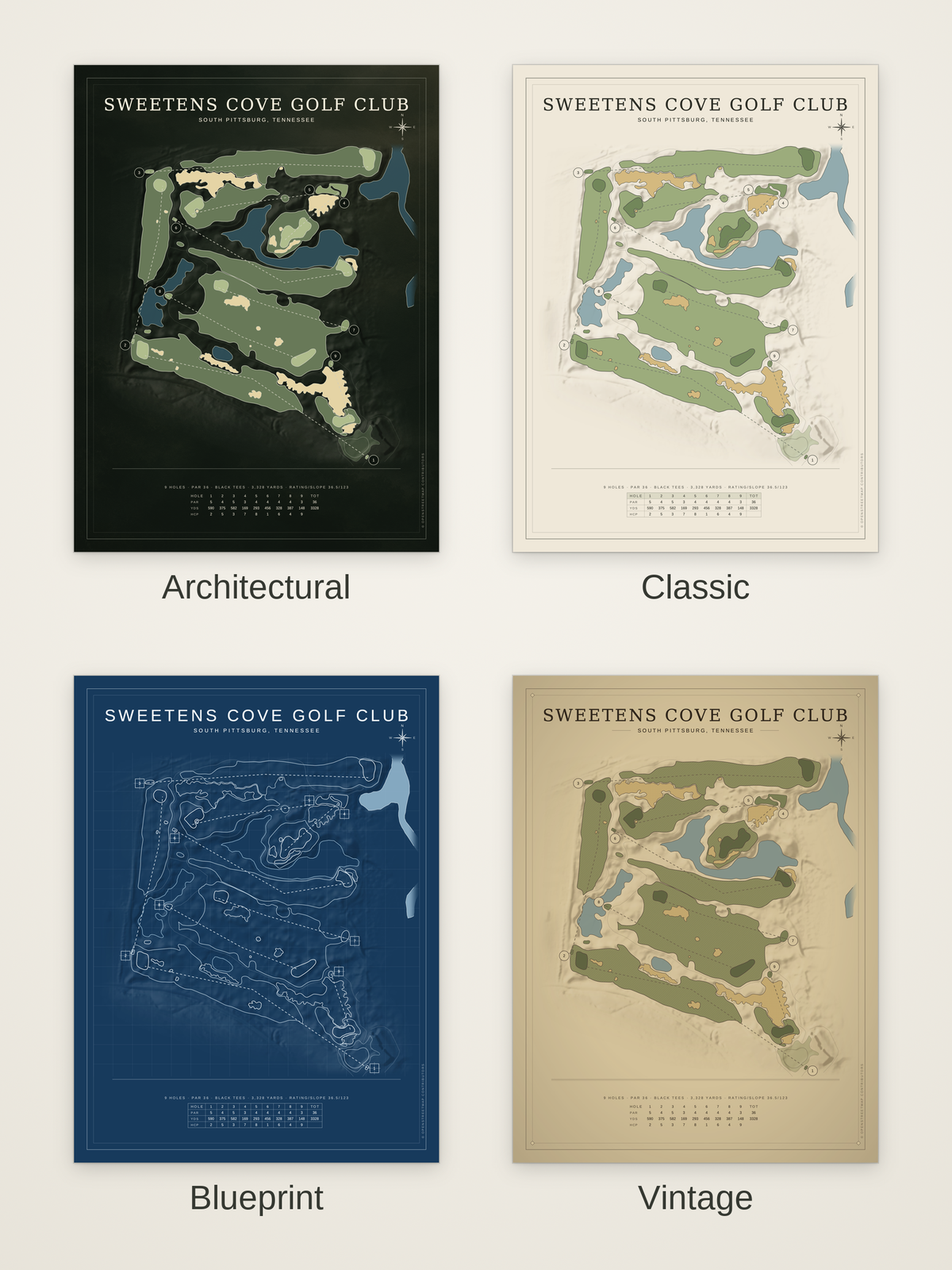 Sweetens Cove Golf Club course map poster in four styles: Architectural, Classic, Blueprint and Vintage