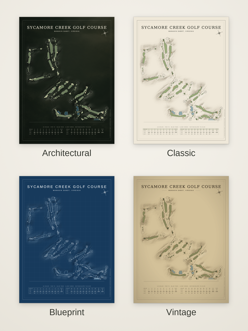 Sycamore Creek Golf Course map poster in four styles: Architectural, Classic, Blueprint and Vintage