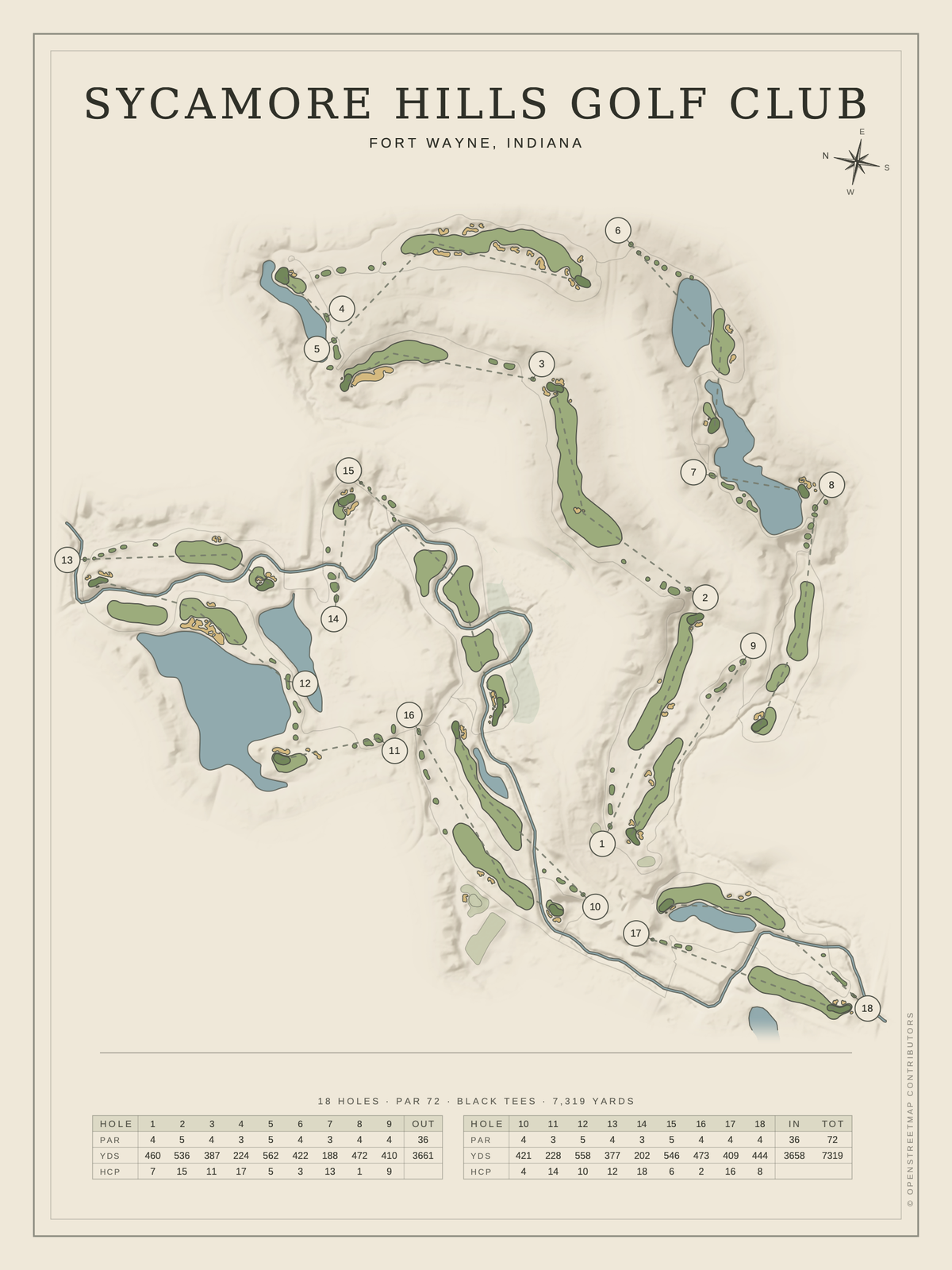 Sycamore Hills Golf Club course map poster, Classic style, 12×16 / 18×24