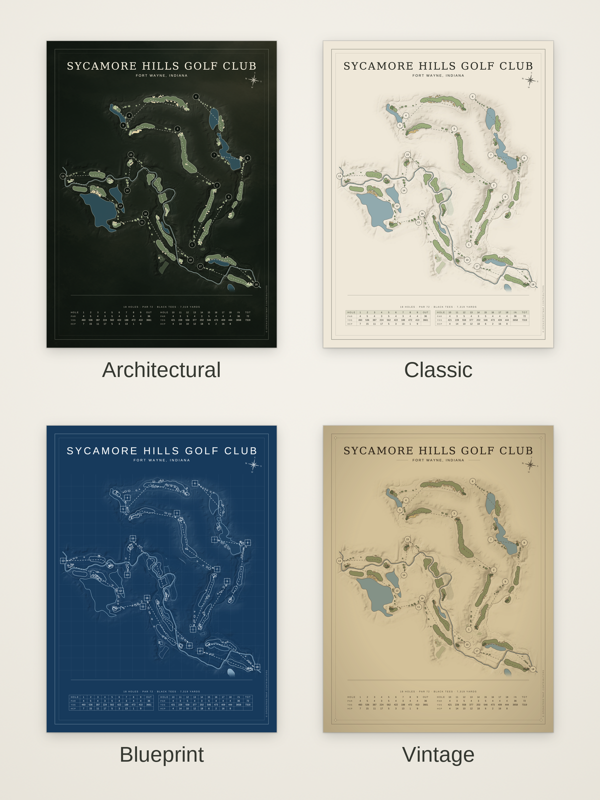 Sycamore Hills Golf Club course map poster in four styles: Architectural, Classic, Blueprint and Vintage