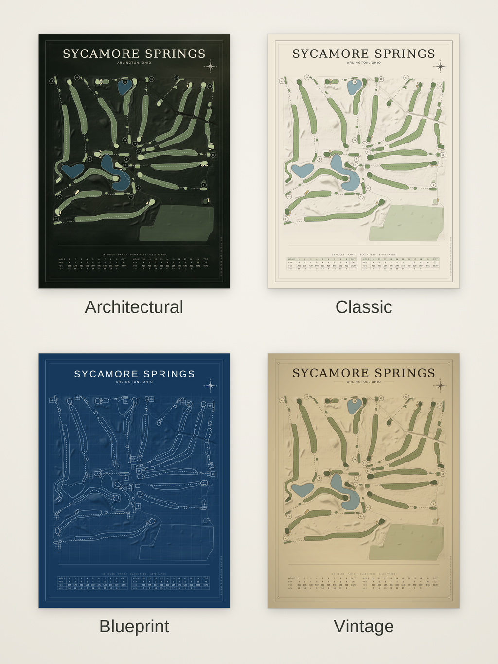 Sycamore Springs course map poster in four styles: Architectural, Classic, Blueprint and Vintage