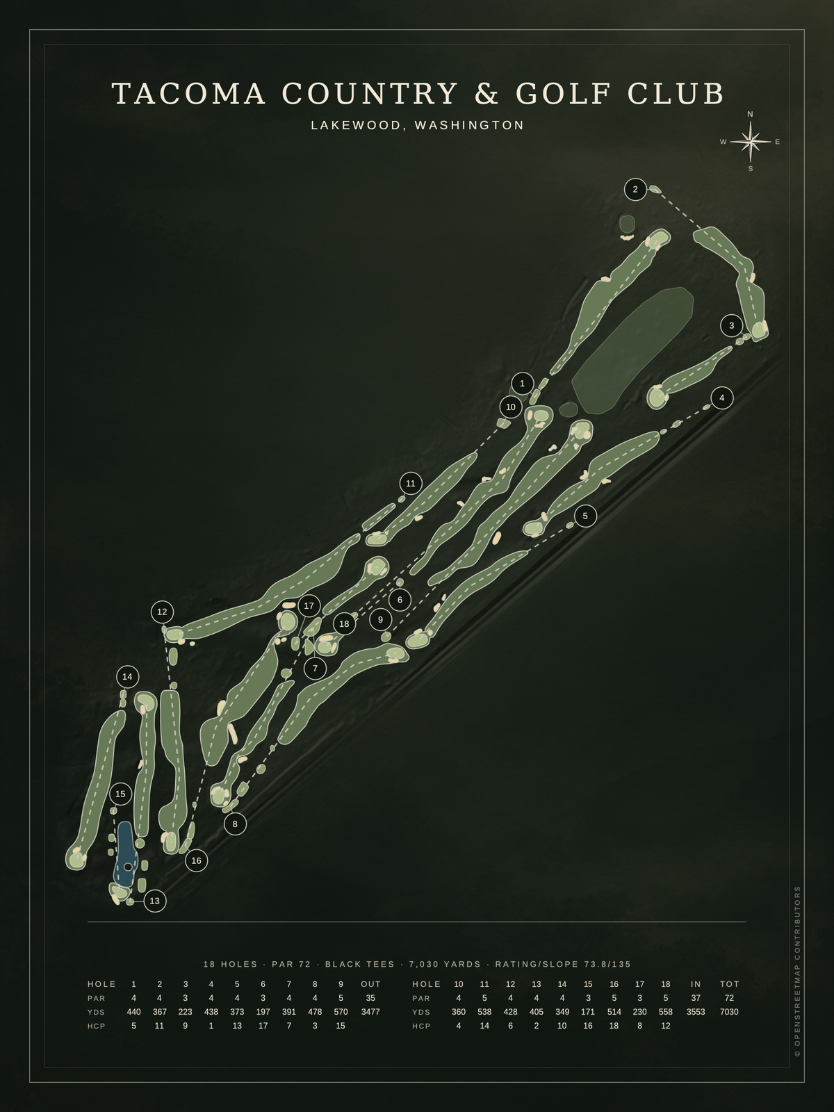 Tacoma Country & Golf Club course map poster, Architectural style, 12×16 / 18×24