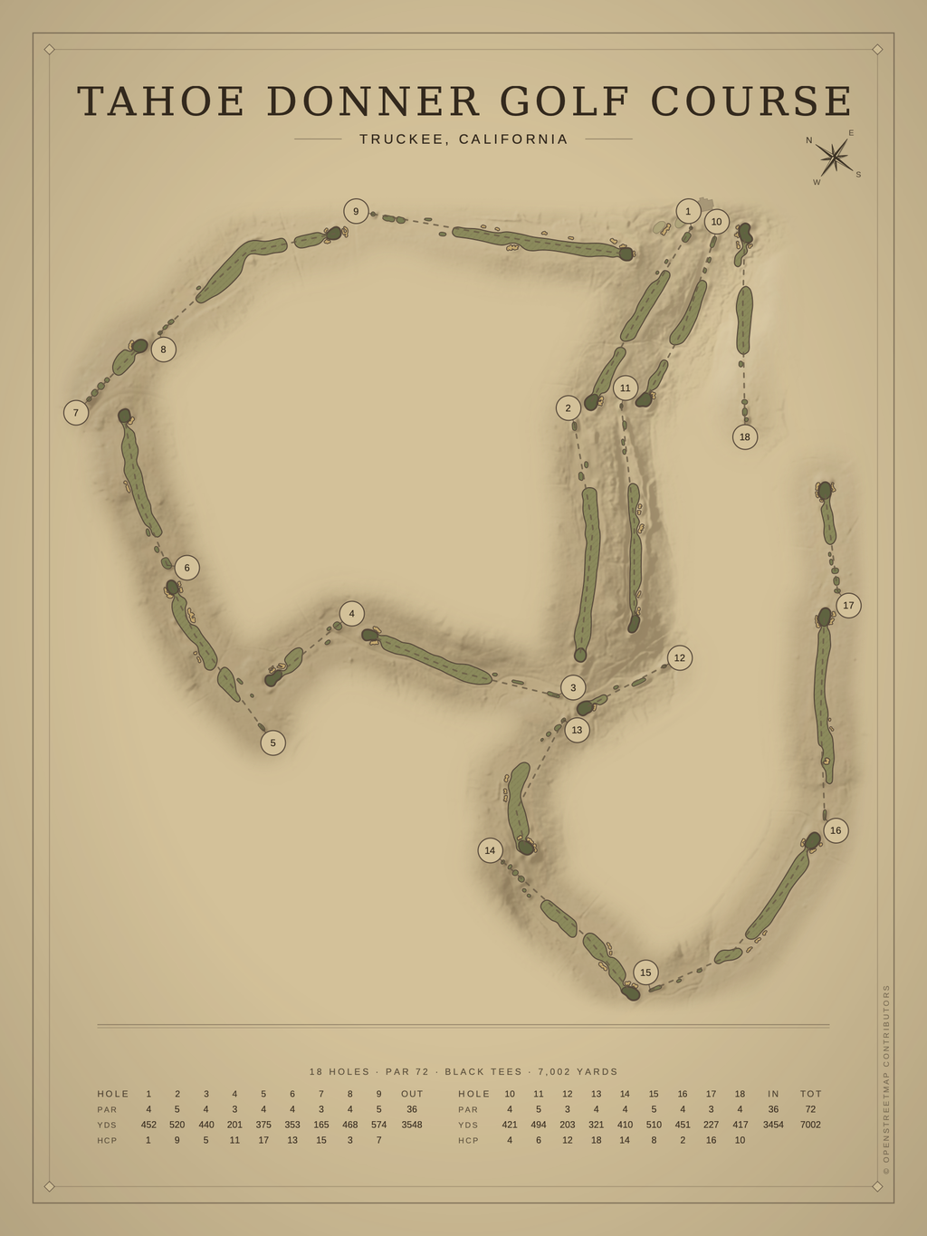 Tahoe Donner Golf Course map poster, Vintage style, 12×16 / 18×24