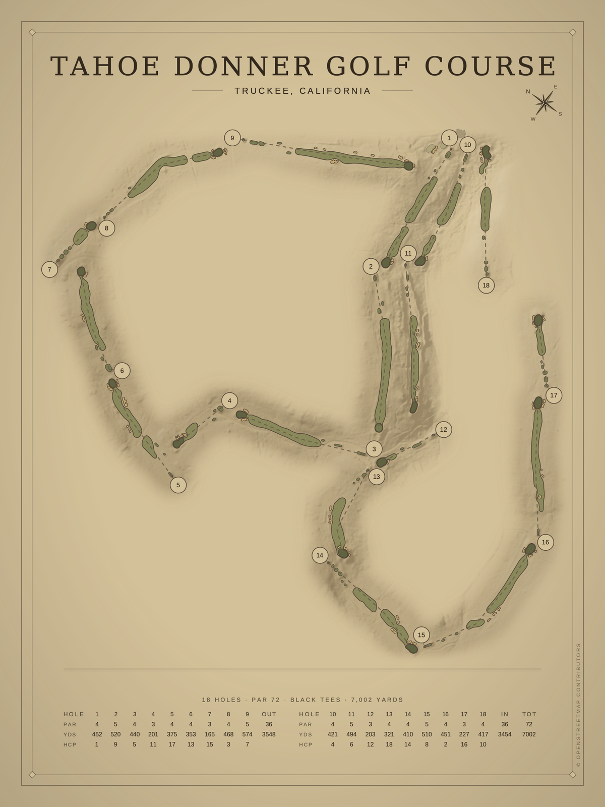 Tahoe Donner Golf Course map poster, Vintage style, 12×16 / 18×24