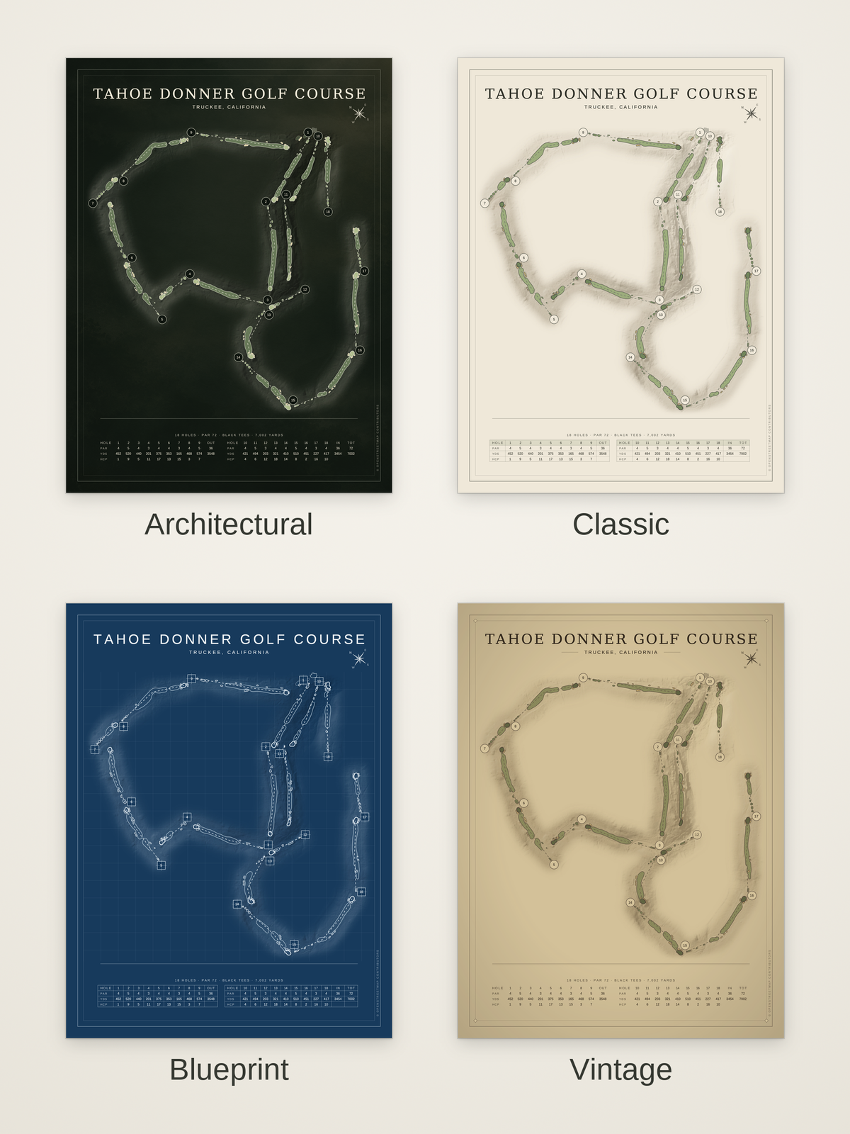 Tahoe Donner Golf Course map poster in four styles: Architectural, Classic, Blueprint and Vintage
