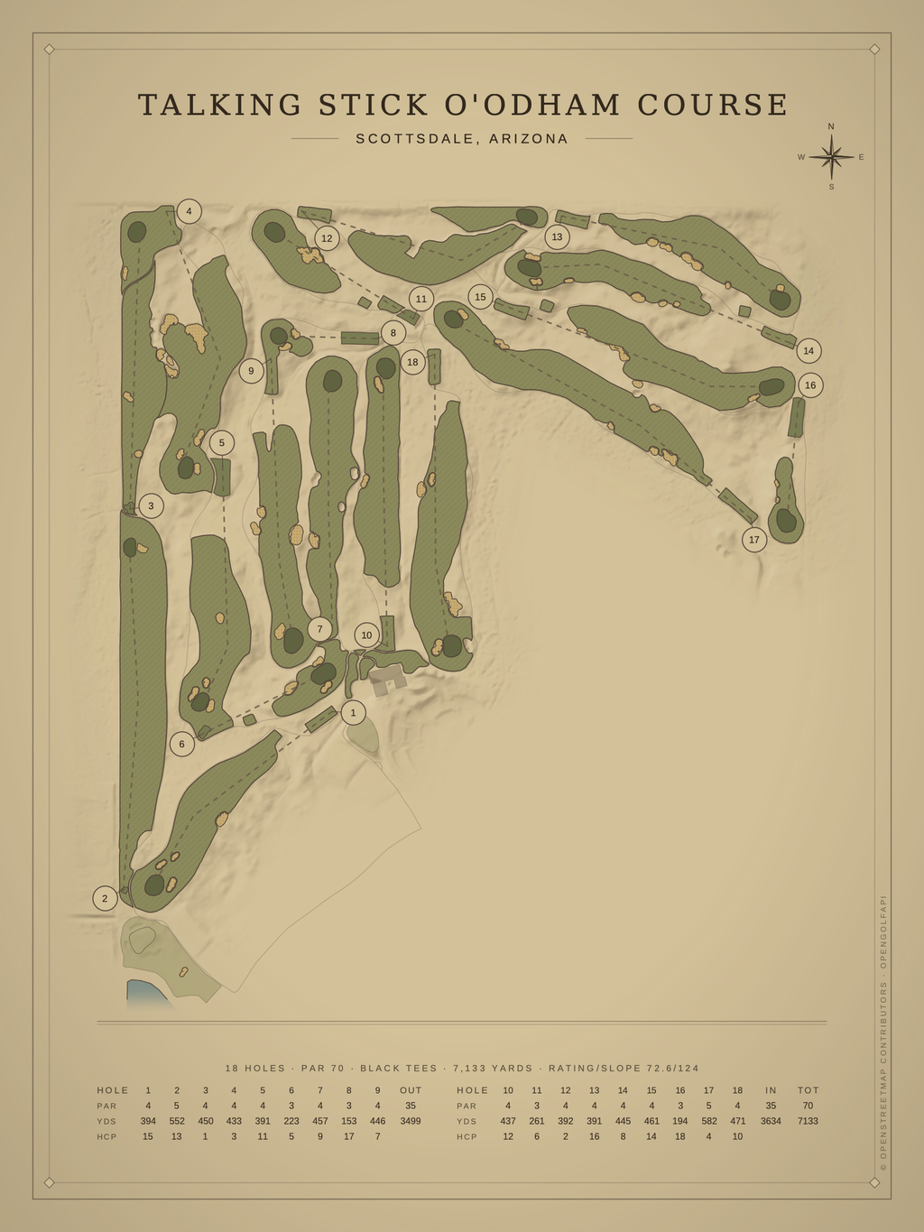 Talking Stick O'odham Course map poster, Vintage style, 12×16 / 18×24