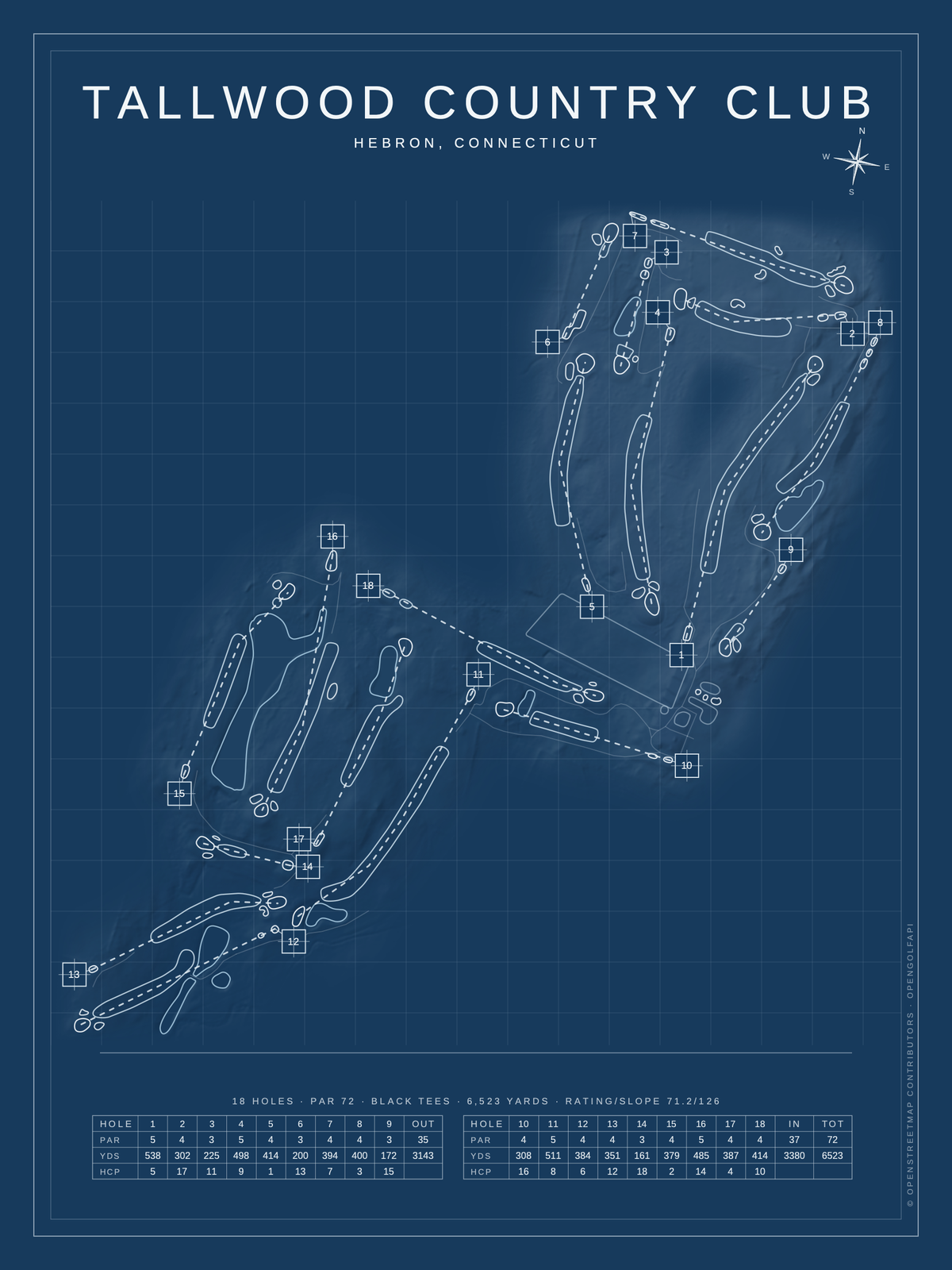 Tallwood Country Club course map poster, Blueprint style, 12×16 / 18×24