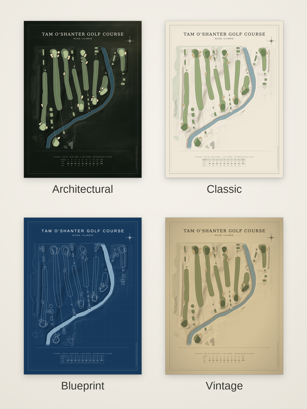 Tam O'Shanter Golf Course map poster in four styles: Architectural, Classic, Blueprint and Vintage