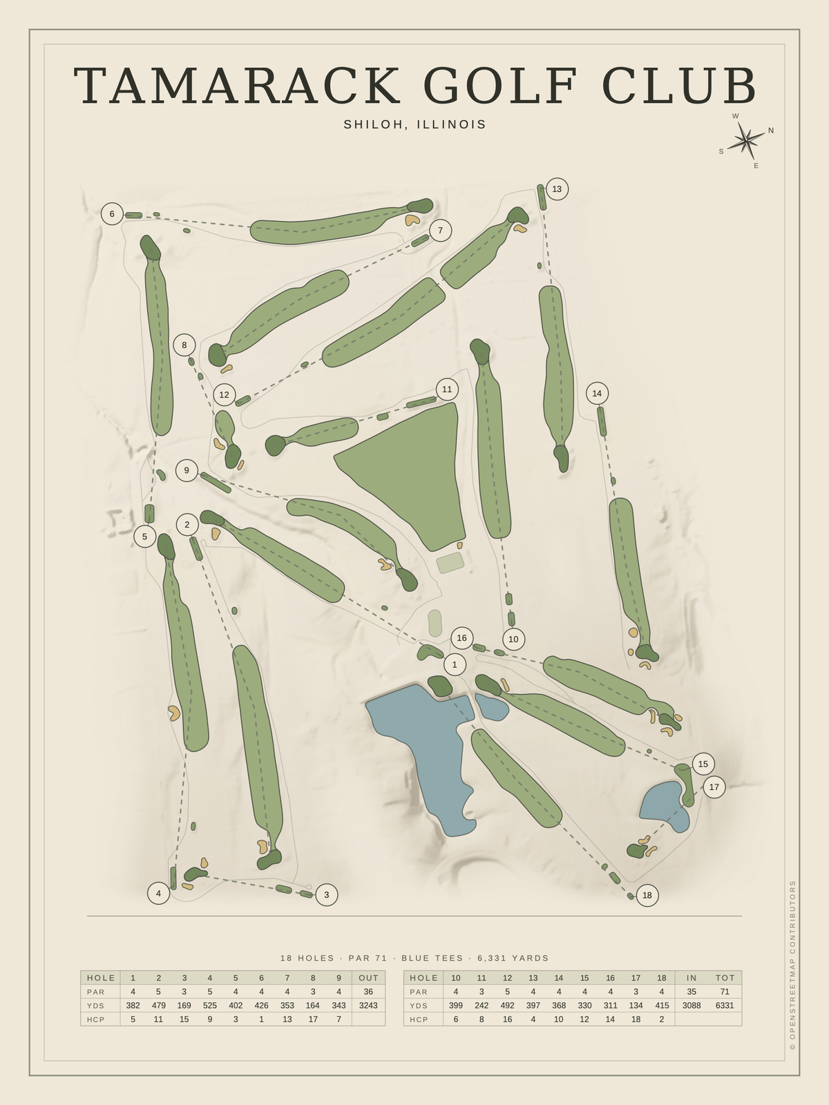 Tamarack Golf Club course map poster, Classic style, 12×16 / 18×24