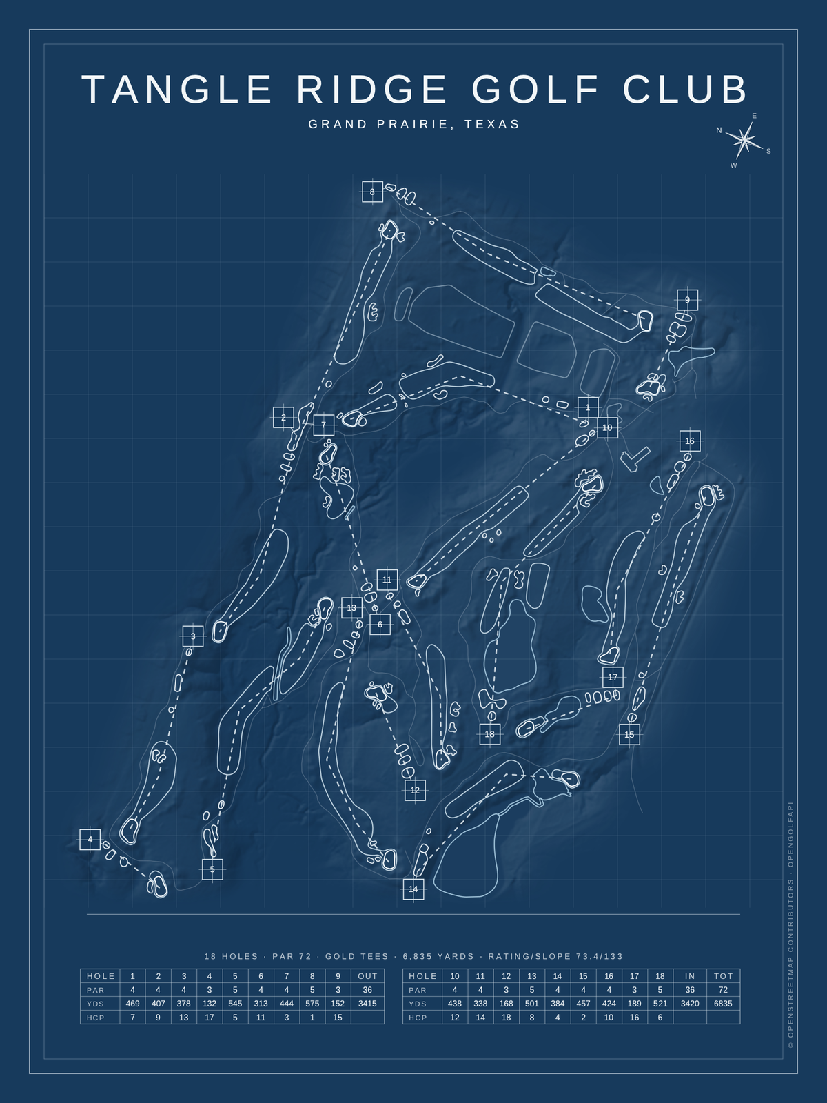 Tangle Ridge Golf Club course map poster, Blueprint style, 12×16 / 18×24