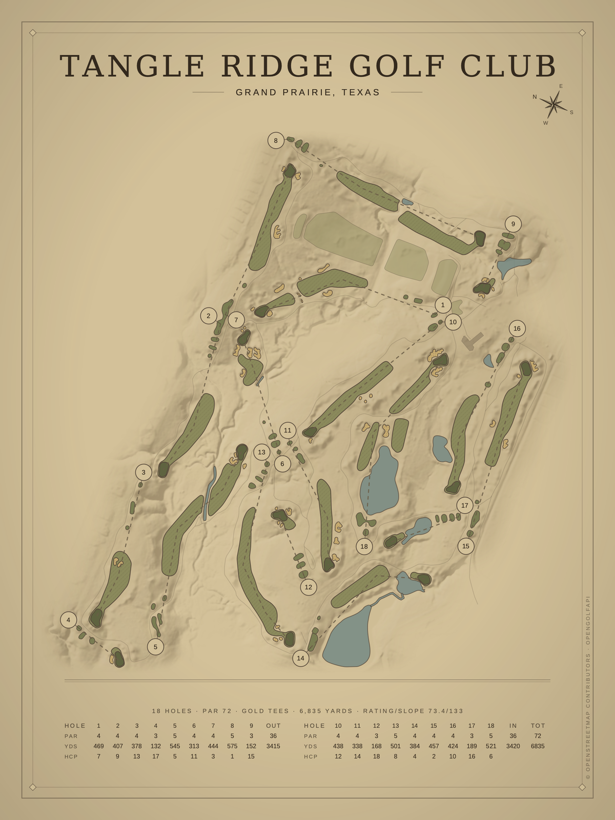 Tangle Ridge Golf Club course map poster, Vintage style, 12×16 / 18×24
