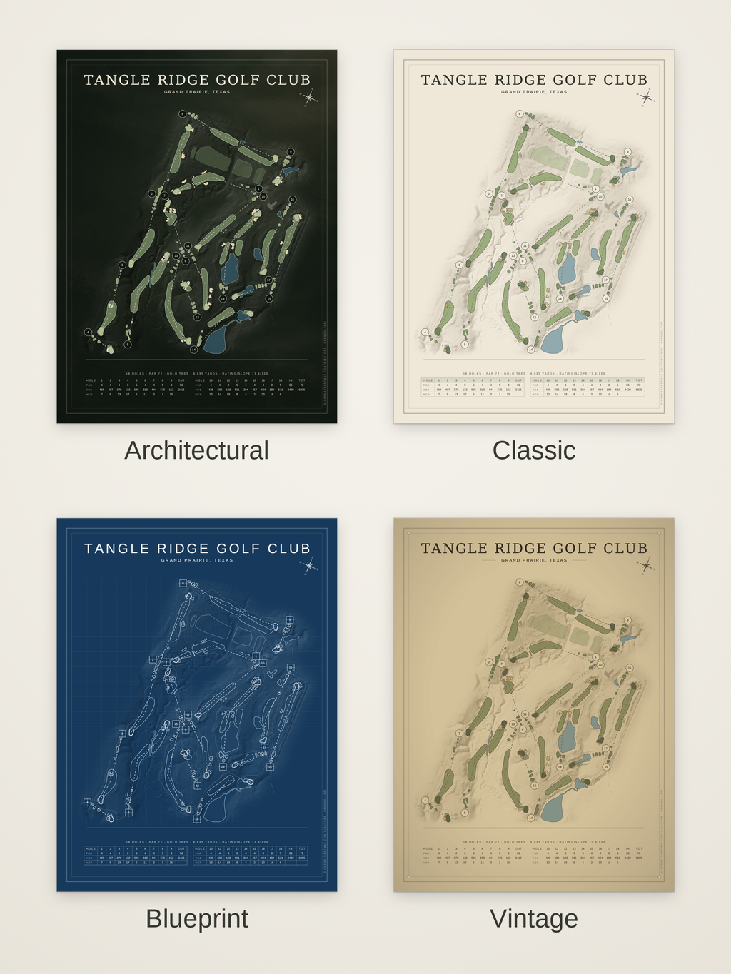 Tangle Ridge Golf Club course map poster in four styles: Architectural, Classic, Blueprint and Vintage