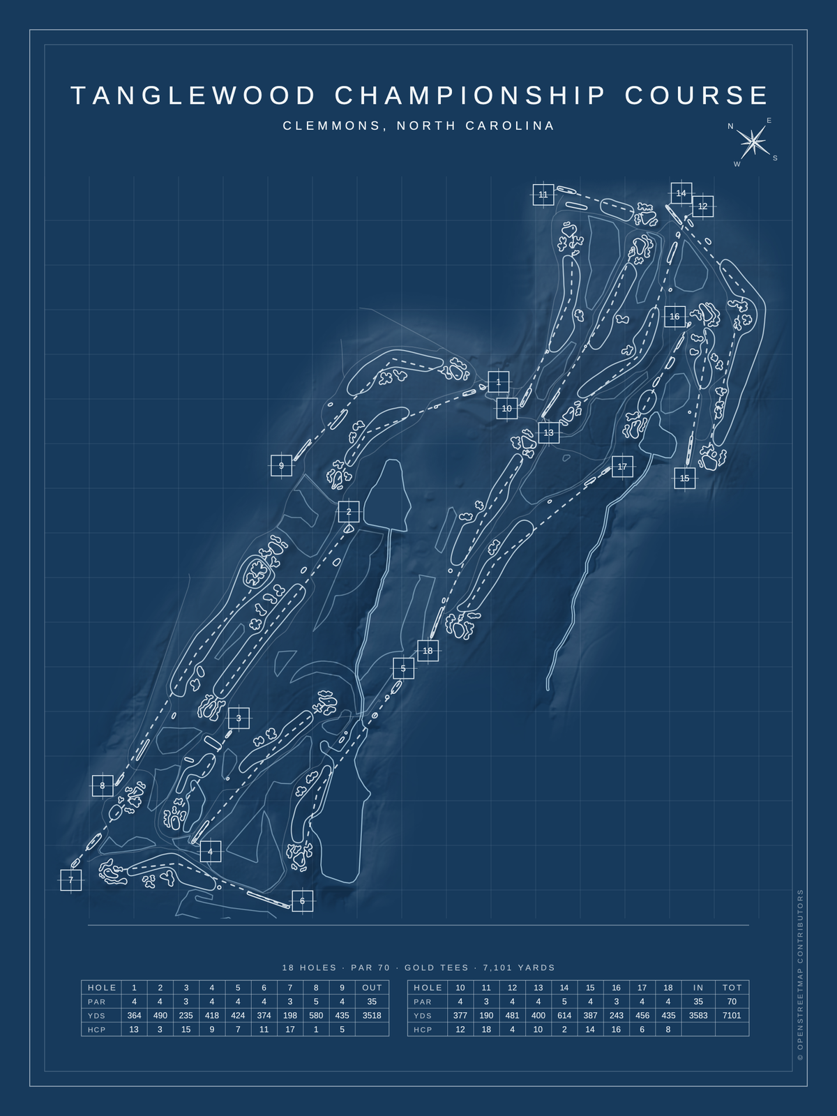 Tanglewood Championship Course map poster, Blueprint style, 12×16 / 18×24