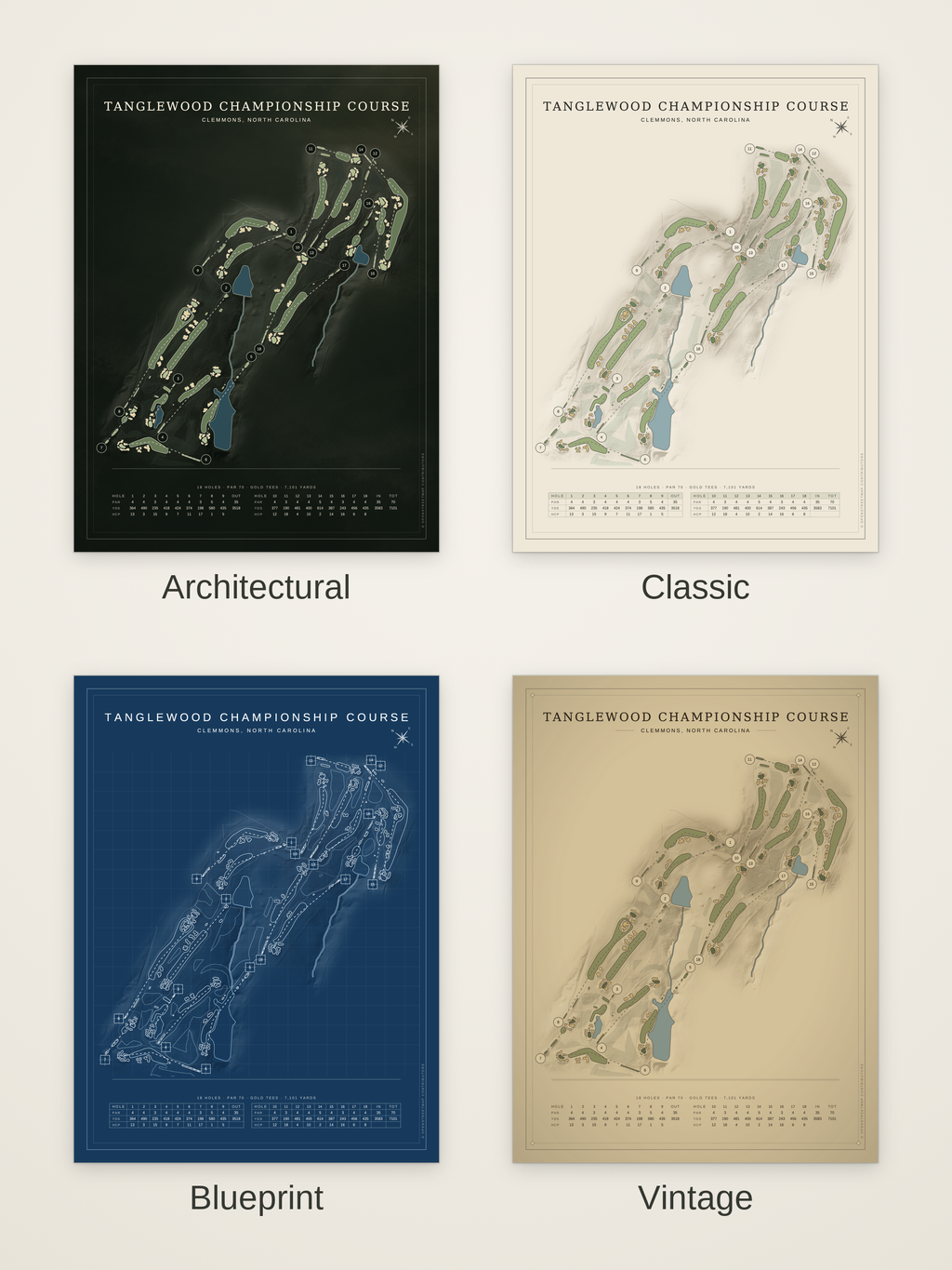 Tanglewood Championship Course map poster in four styles: Architectural, Classic, Blueprint and Vintage