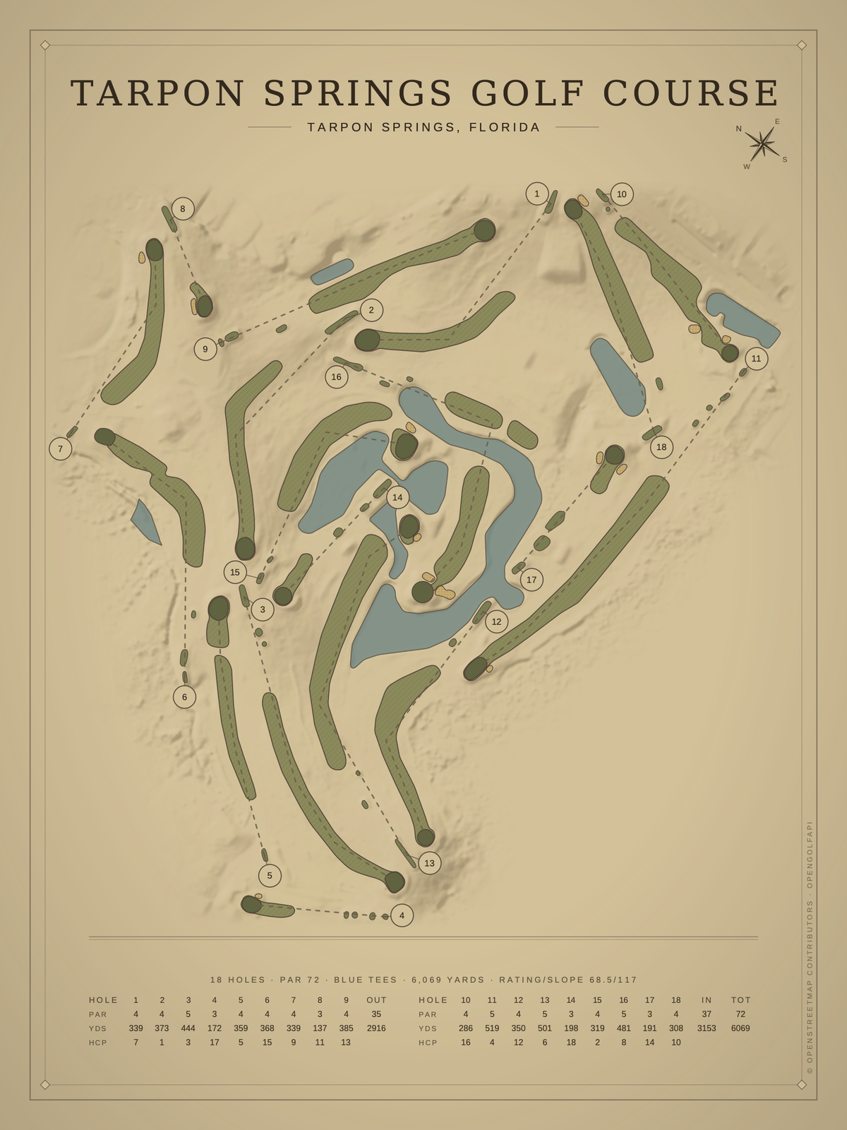 Tarpon Springs Golf Course map poster, Vintage style, 12×16 / 18×24