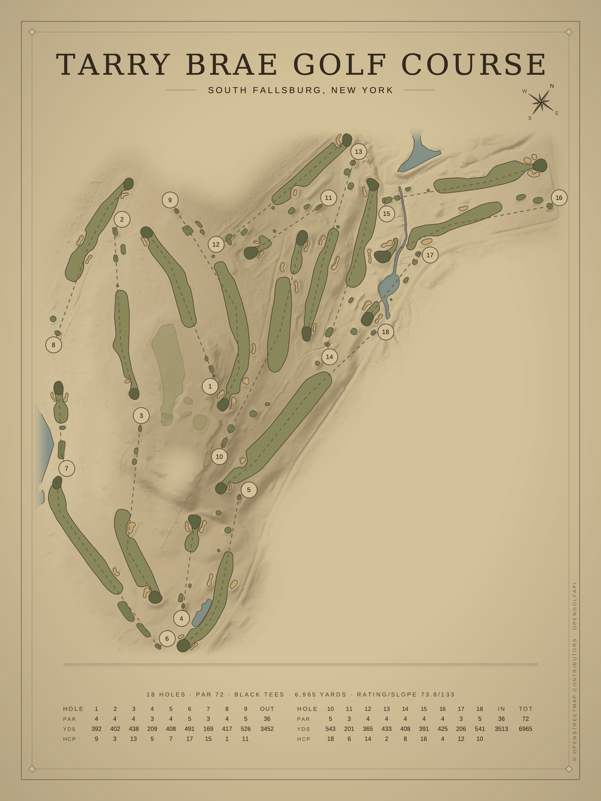 Tarry Brae Golf Course map poster, Vintage style, 12×16 / 18×24