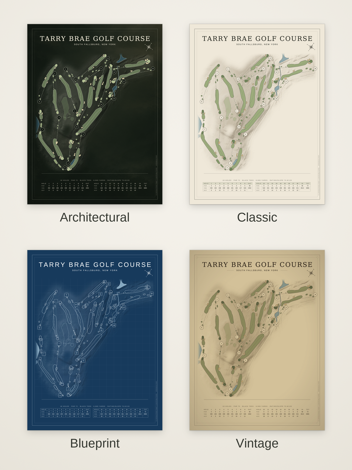 Tarry Brae Golf Course map poster in four styles: Architectural, Classic, Blueprint and Vintage