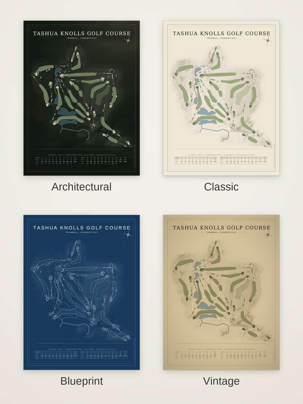 Tashua Knolls Golf Course map poster in four styles: Architectural, Classic, Blueprint and Vintage