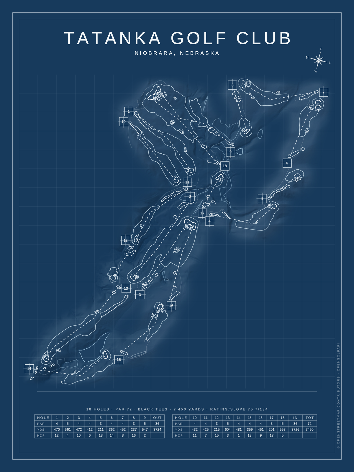 Tatanka Golf Club course map poster, Blueprint style, 12×16 / 18×24