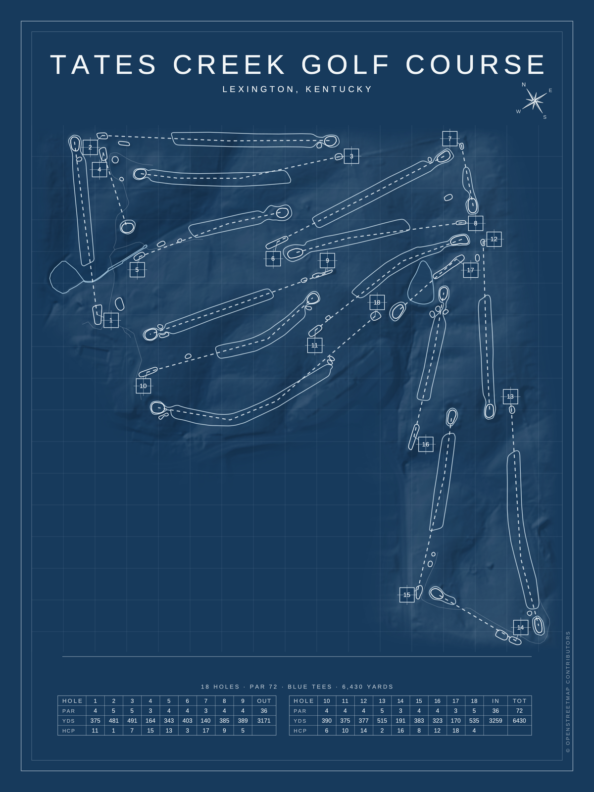 Tates Creek Golf Course map poster, Blueprint style, 12×16 / 18×24