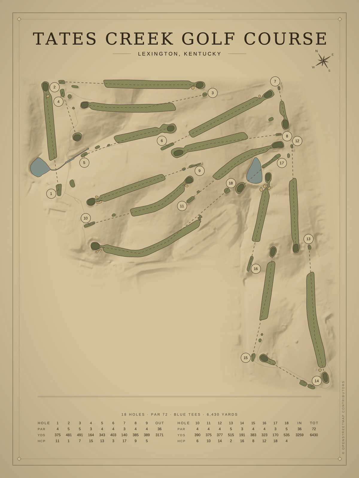 Tates Creek Golf Course map poster, Vintage style, 12×16 / 18×24