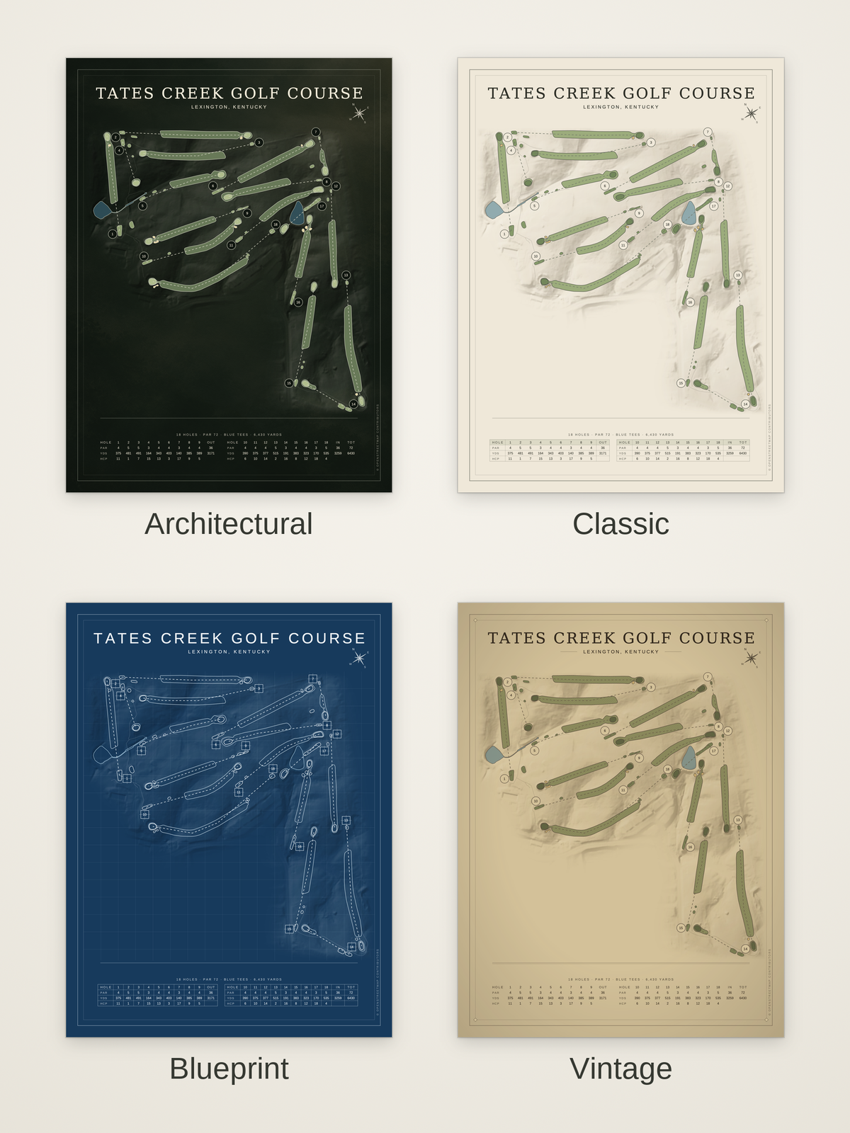 Tates Creek Golf Course map poster in four styles: Architectural, Classic, Blueprint and Vintage