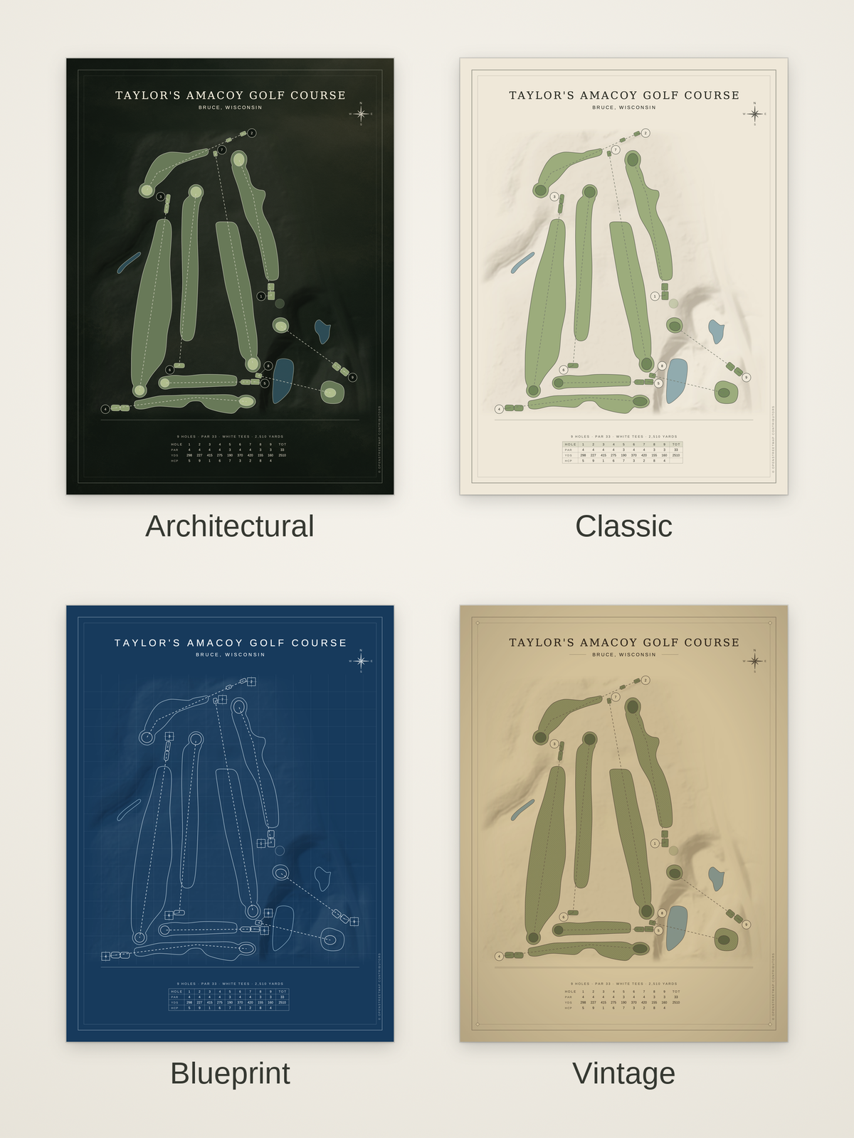 Taylor's Amacoy Golf Course map poster in four styles: Architectural, Classic, Blueprint and Vintage
