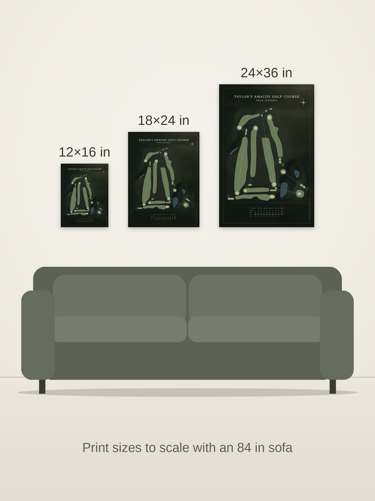 Taylor's Amacoy Golf Course map poster in the Architectural style at 12×16, 18×24 and 24×36 inches, shown to scale on a wall above an 84-inch sofa