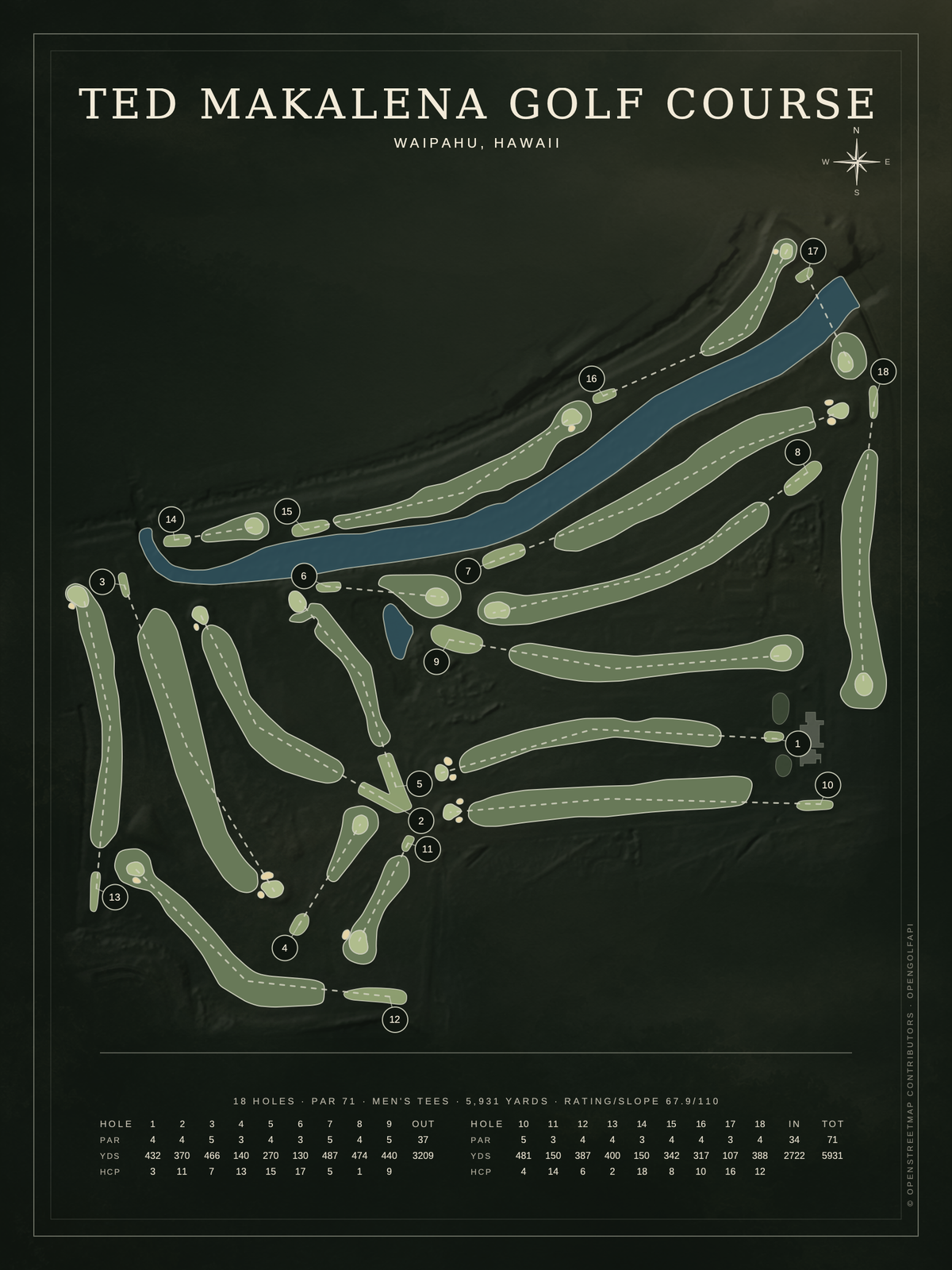 Ted Makalena Golf Course map poster, Architectural style, 12×16 / 18×24