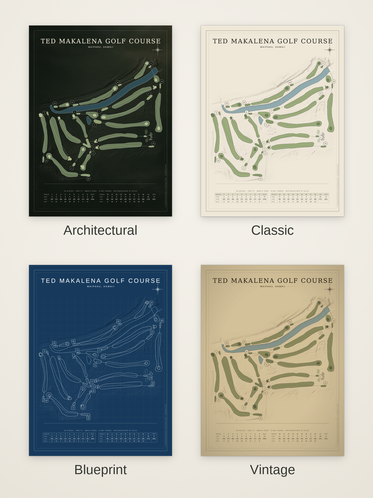 Ted Makalena Golf Course map poster in four styles: Architectural, Classic, Blueprint and Vintage