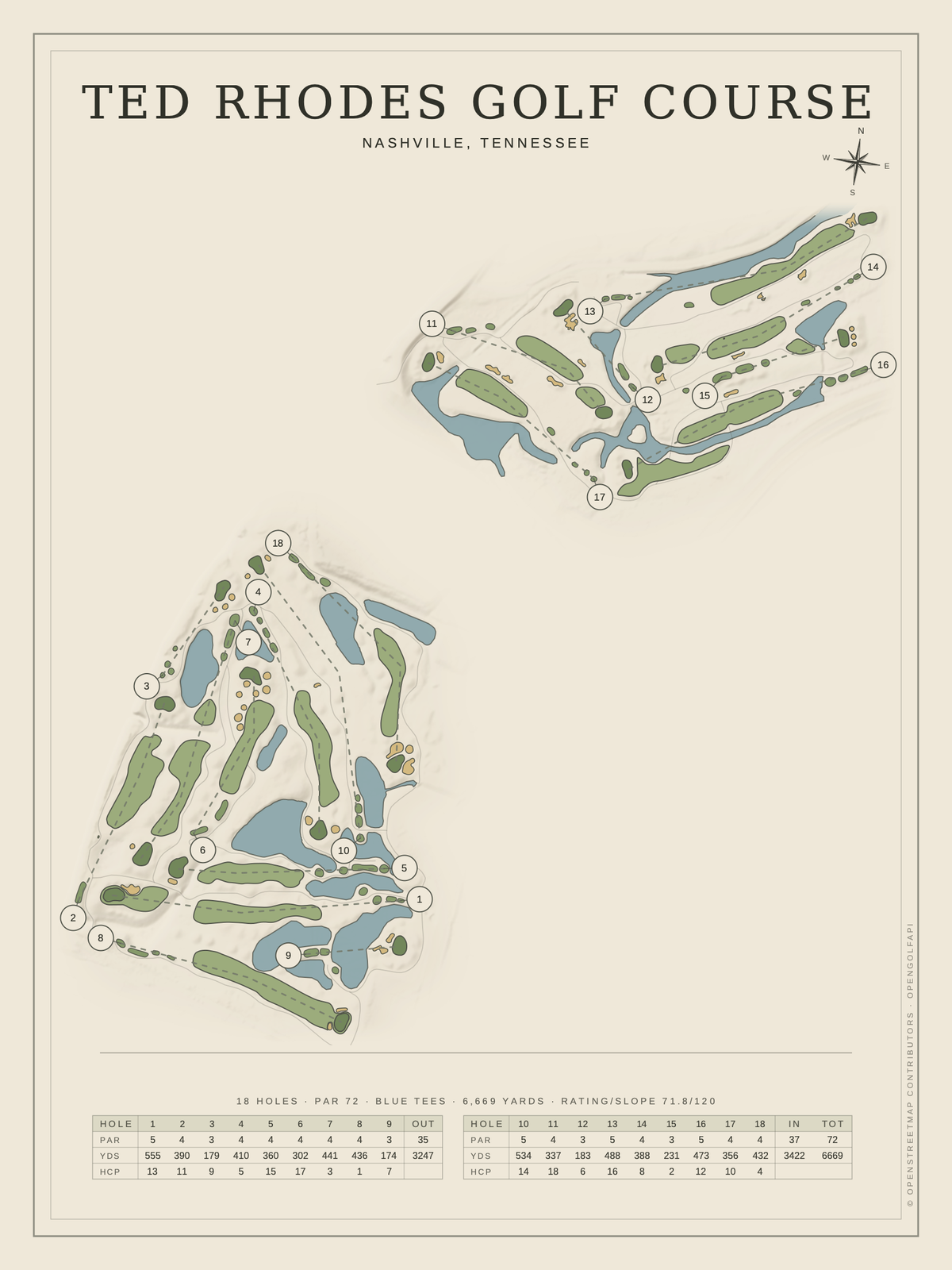 Ted Rhodes Golf Course map poster, Classic style, 12×16 / 18×24