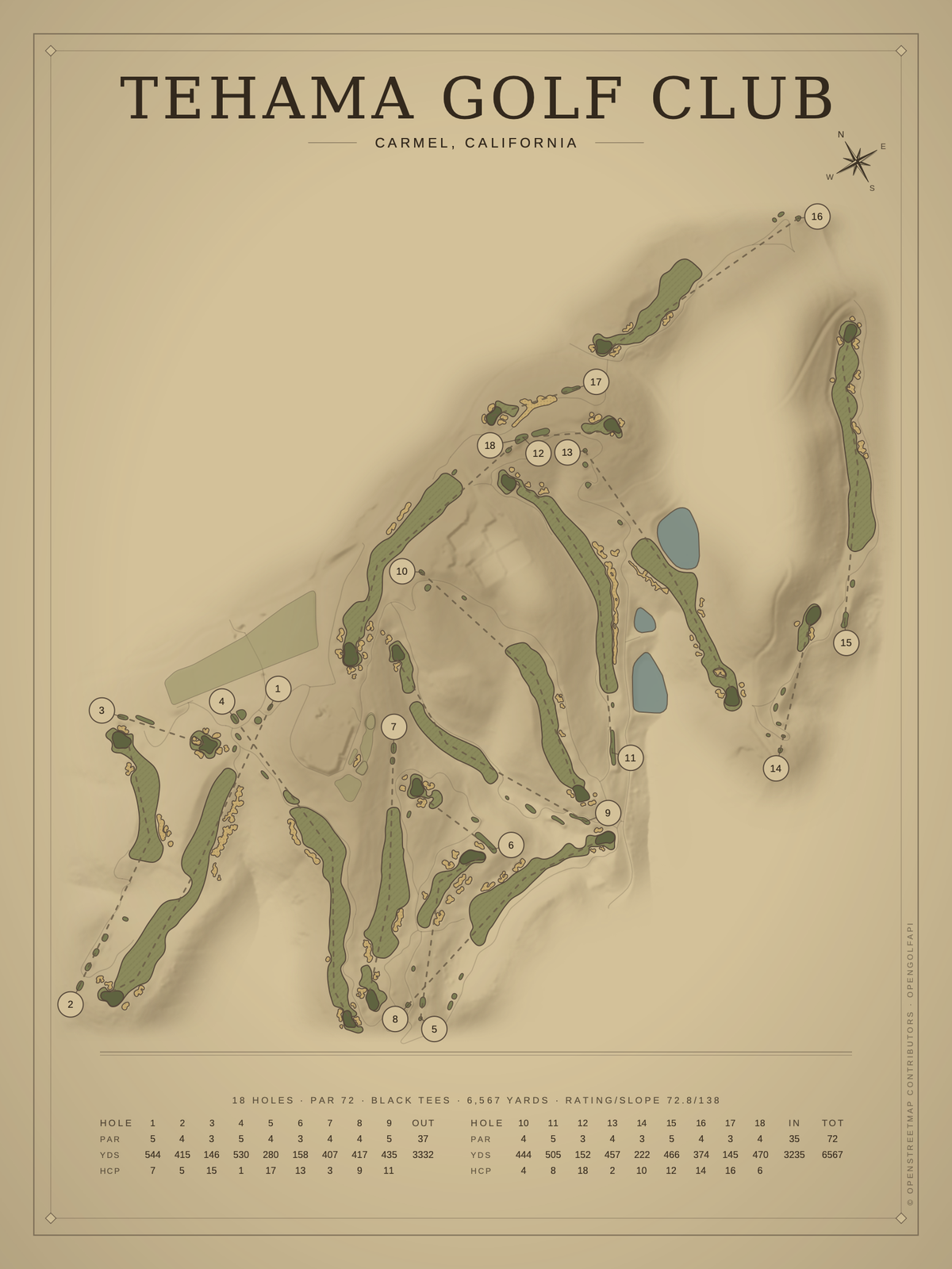 Tehama Golf Club course map poster, Vintage style, 12×16 / 18×24