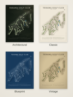 Tehama Golf Club course map poster in four styles: Architectural, Classic, Blueprint and Vintage