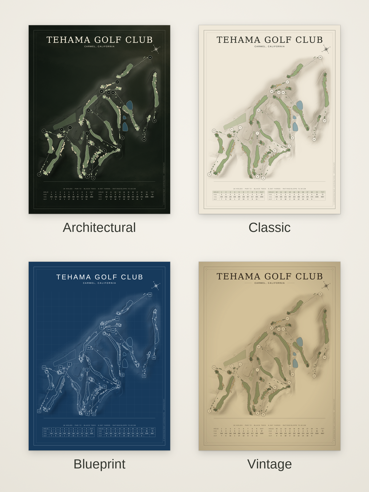 Tehama Golf Club course map poster in four styles: Architectural, Classic, Blueprint and Vintage