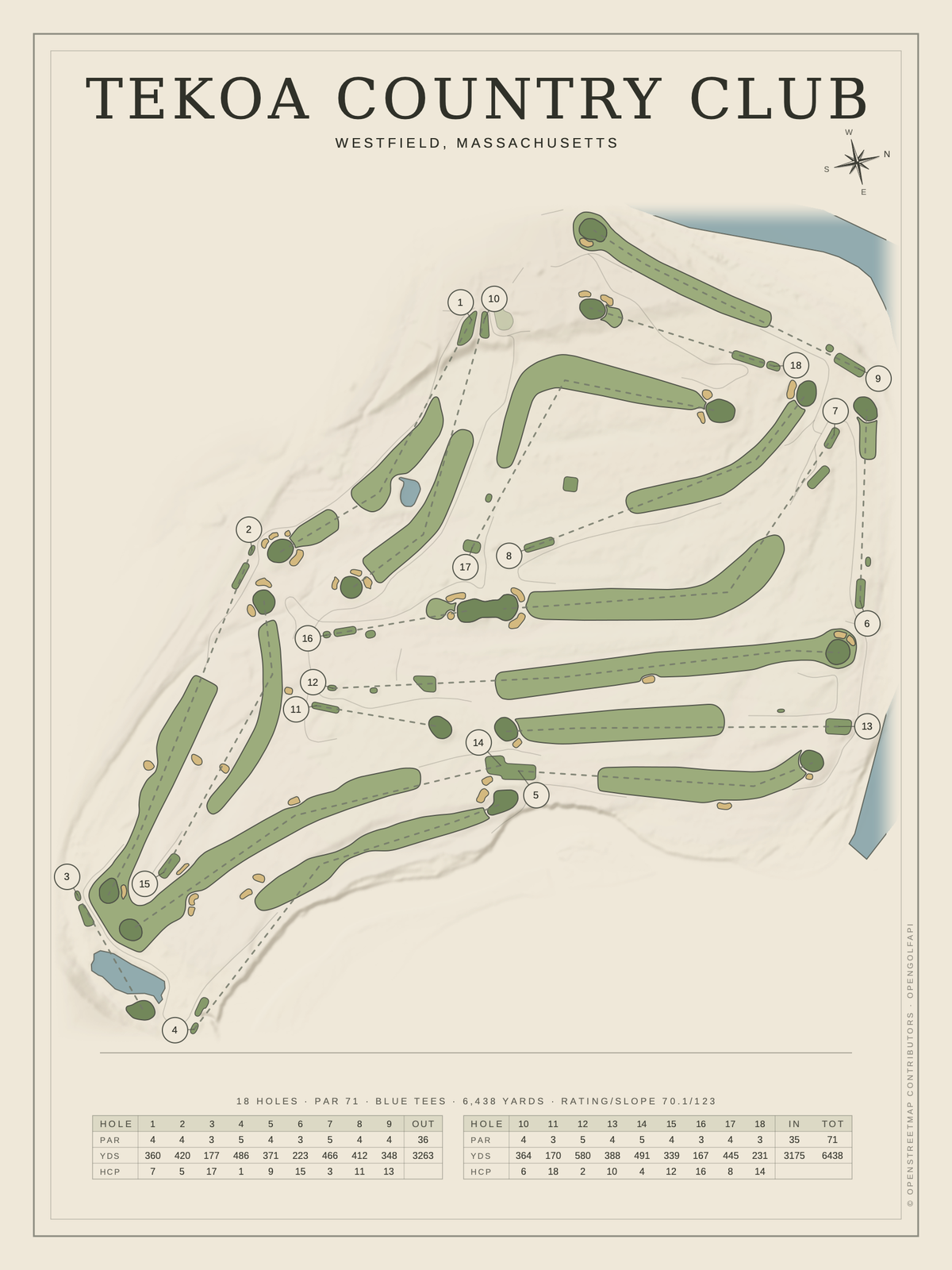 Tekoa Country Club course map poster, Classic style, 12×16 / 18×24