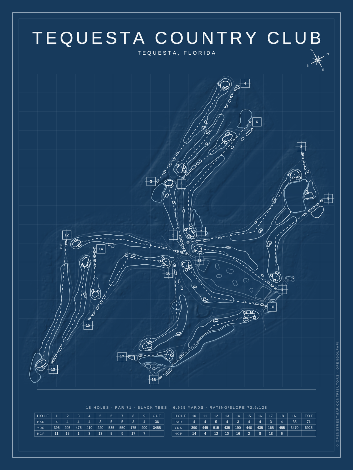 Tequesta Country Club course map poster, Blueprint style, 12×16 / 18×24