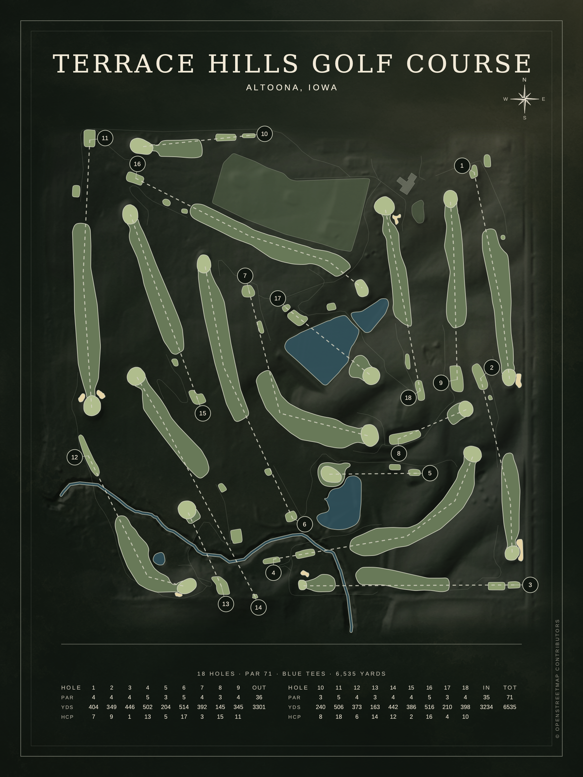 Terrace Hills Golf Course map poster, Architectural style, 12×16 / 18×24