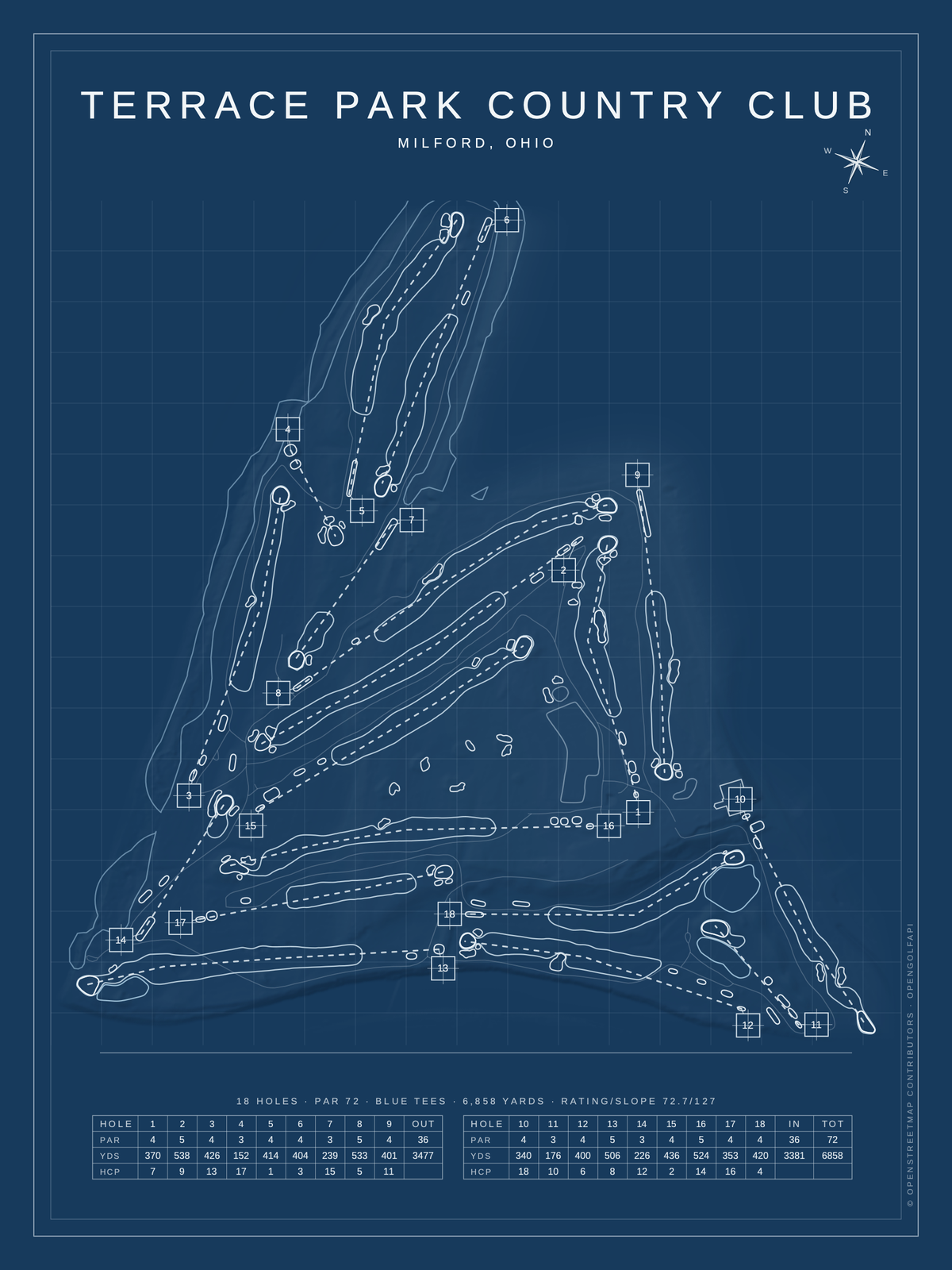 Terrace Park Country Club course map poster, Blueprint style, 12×16 / 18×24
